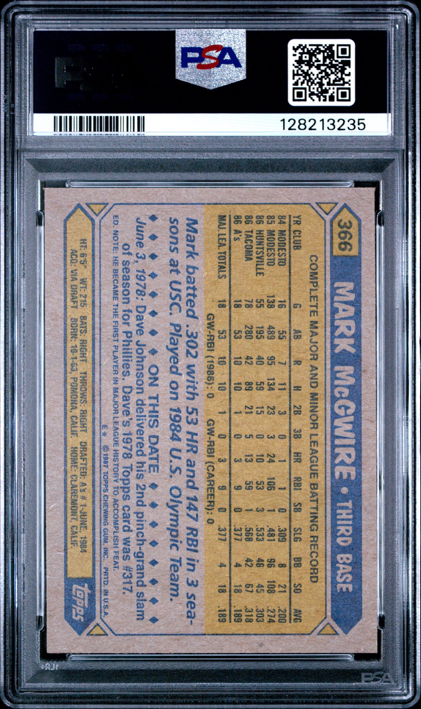 1987 TOPPS 366 MARK McGWIRE - MINT 9