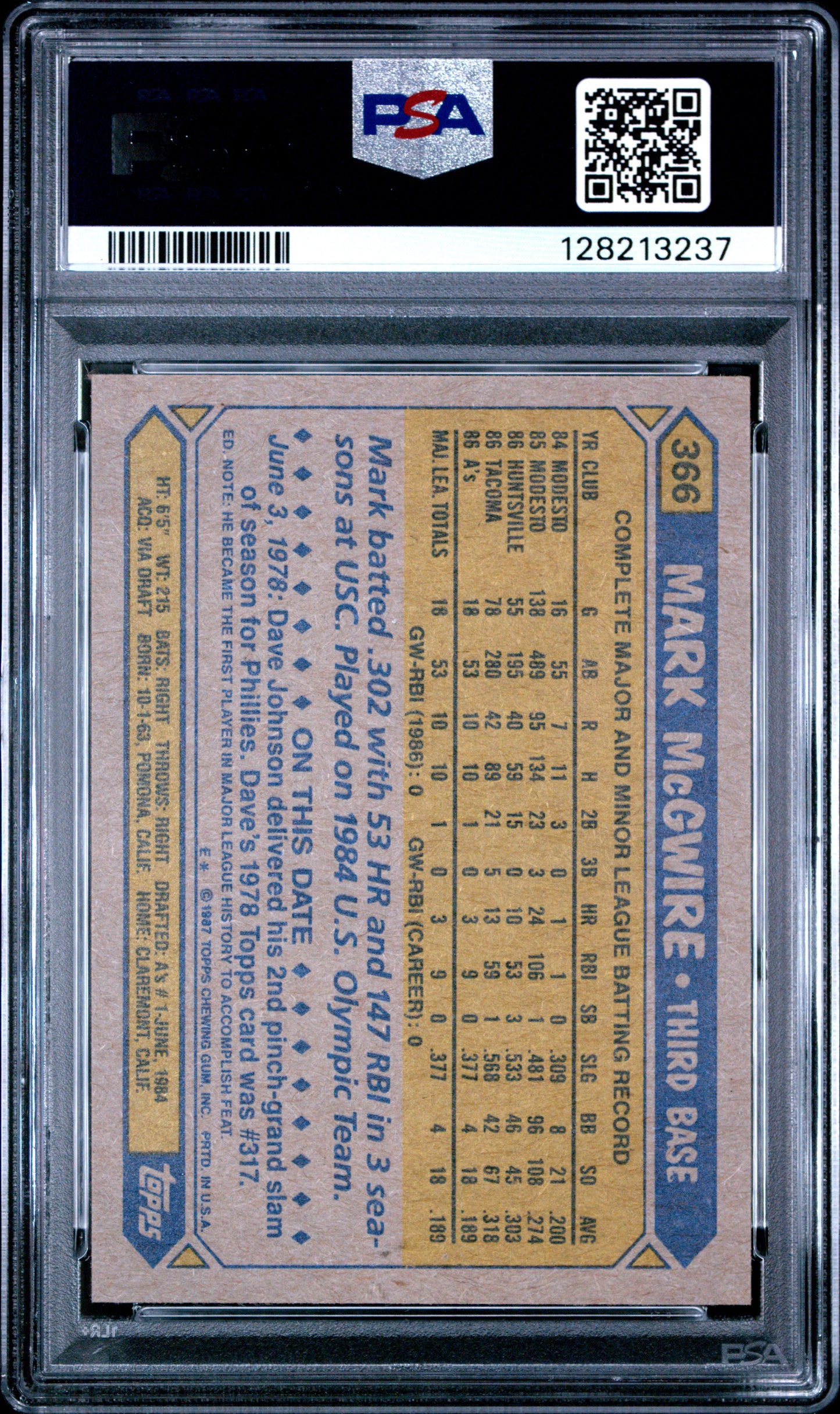 1987 TOPPS 366 MARK McGWIRE - MINT 9