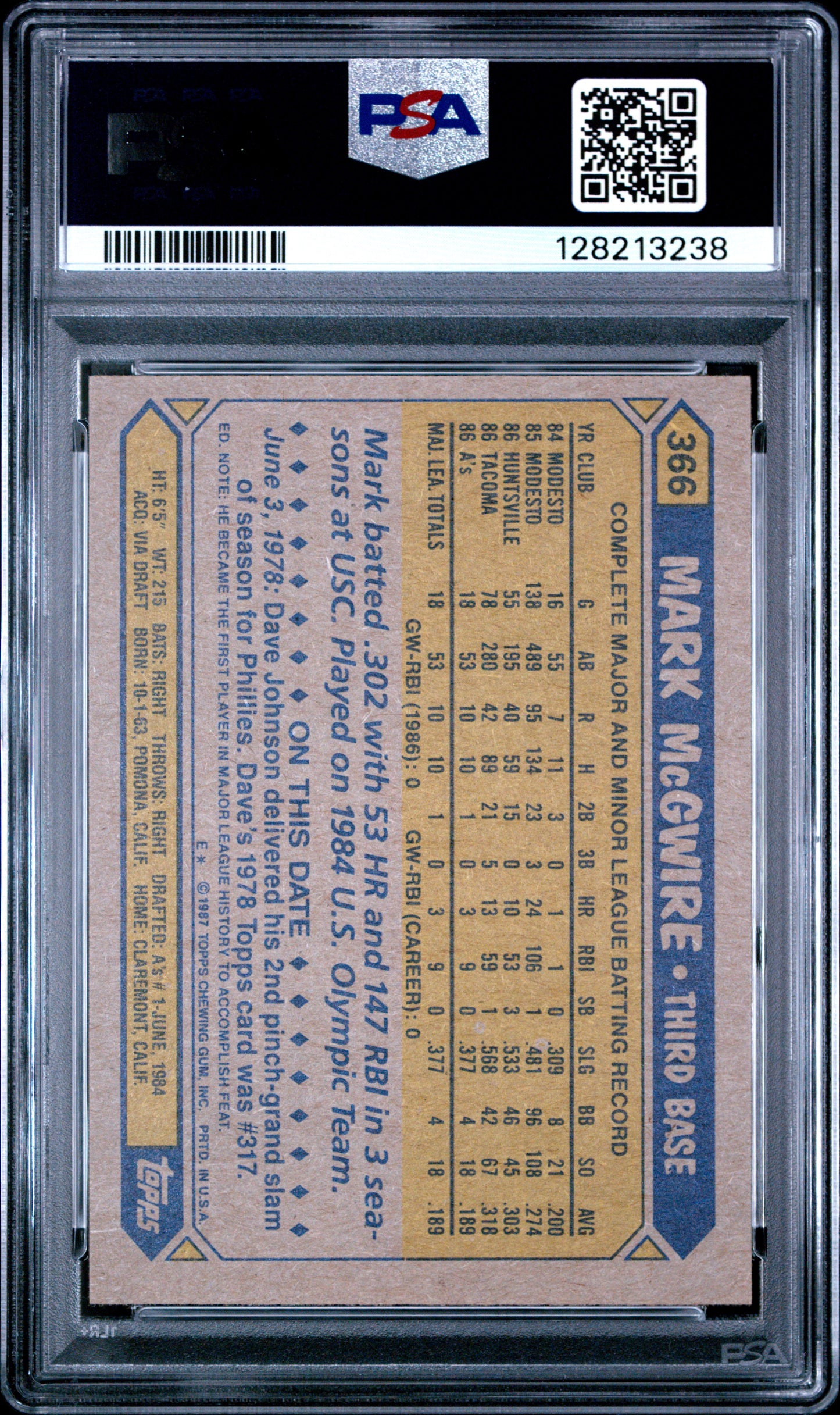1987 TOPPS 366 MARK McGWIRE - MINT 9