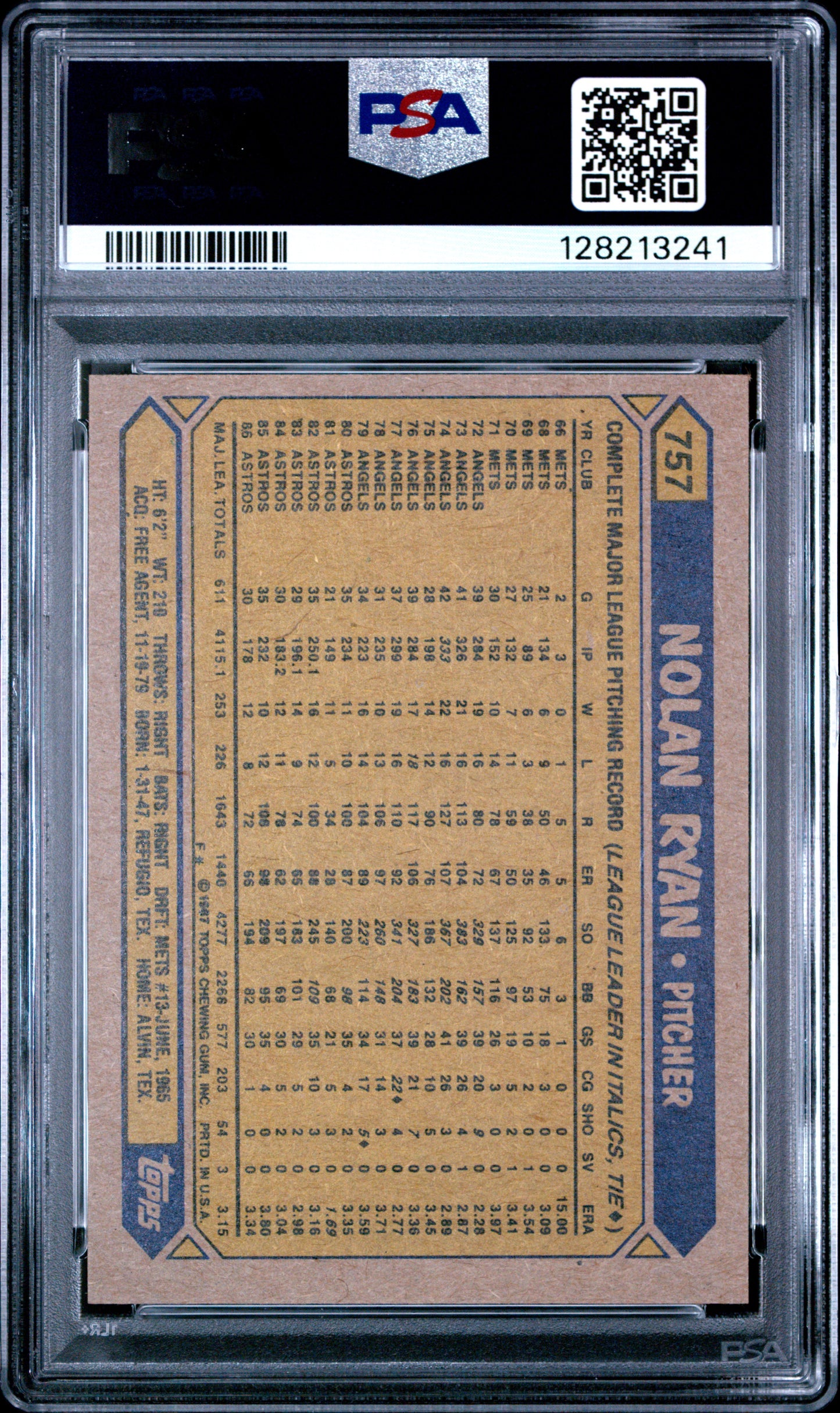 1987 TOPPS 757 NOLAN RYAN - MINT 9