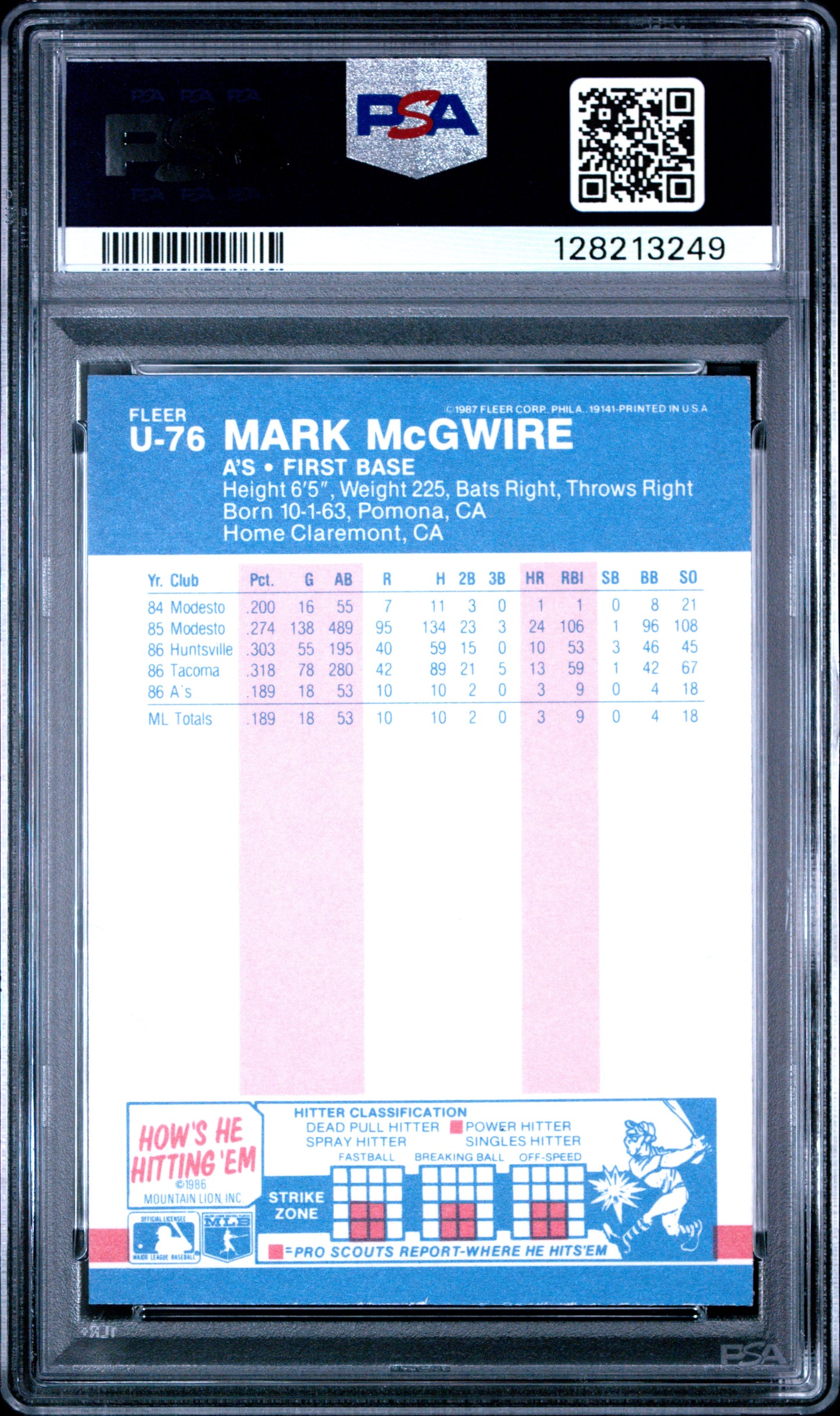 1987 FLEER UPDATE GLOSSY U-76 MARK McGWIRE - MINT 9