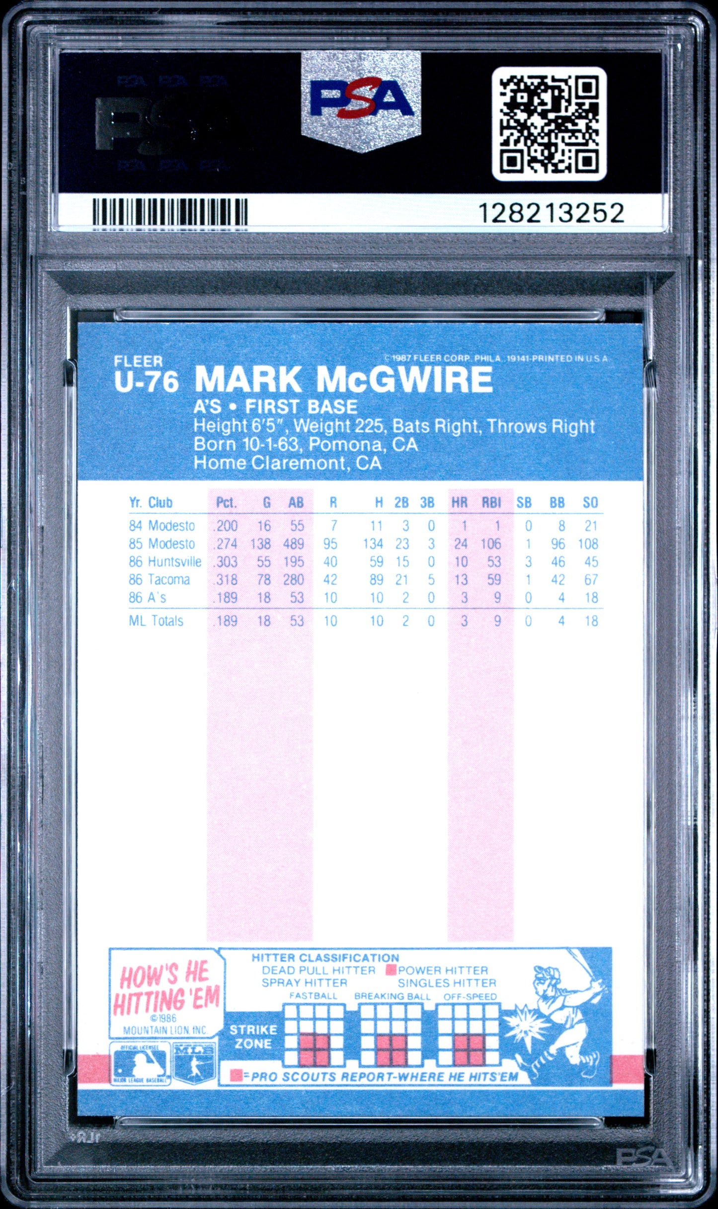 1987 FLEER UPDATE GLOSSY U-76 MARK McGWIRE - MINT 9