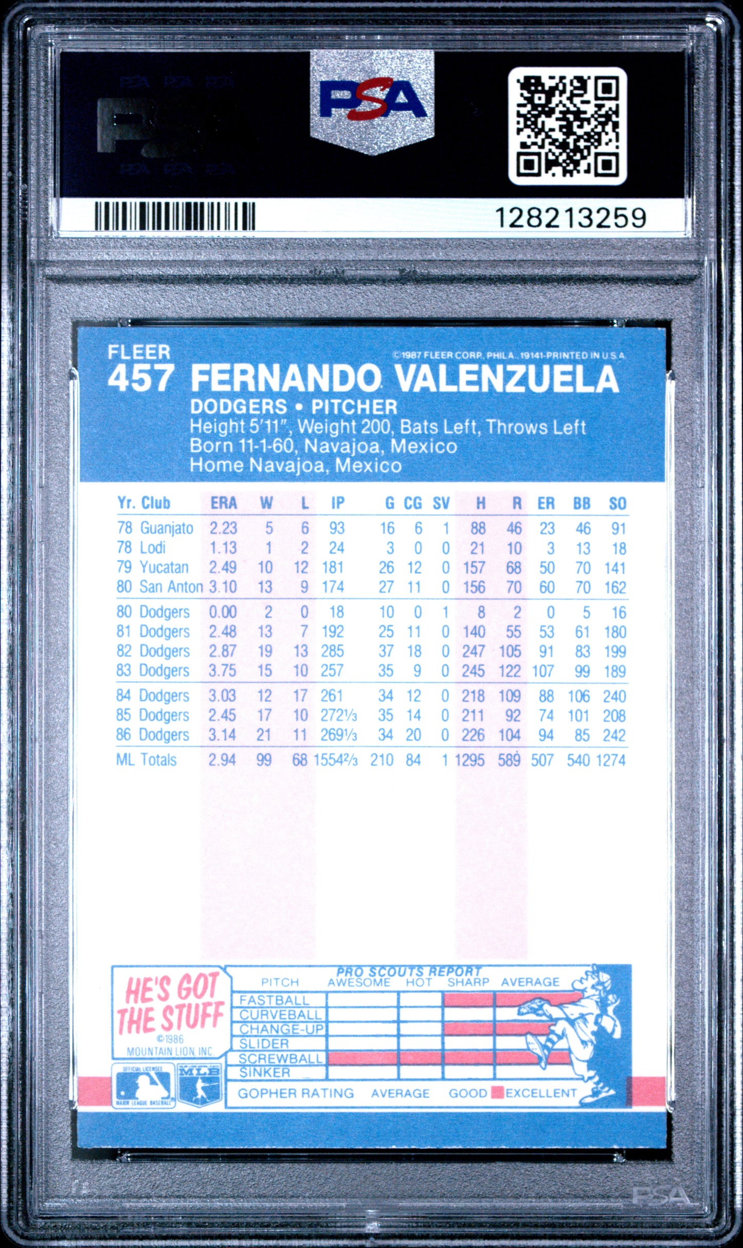 1987 FLEER GLOSSY 457 FERNANDO VALENZUELA - MINT 9