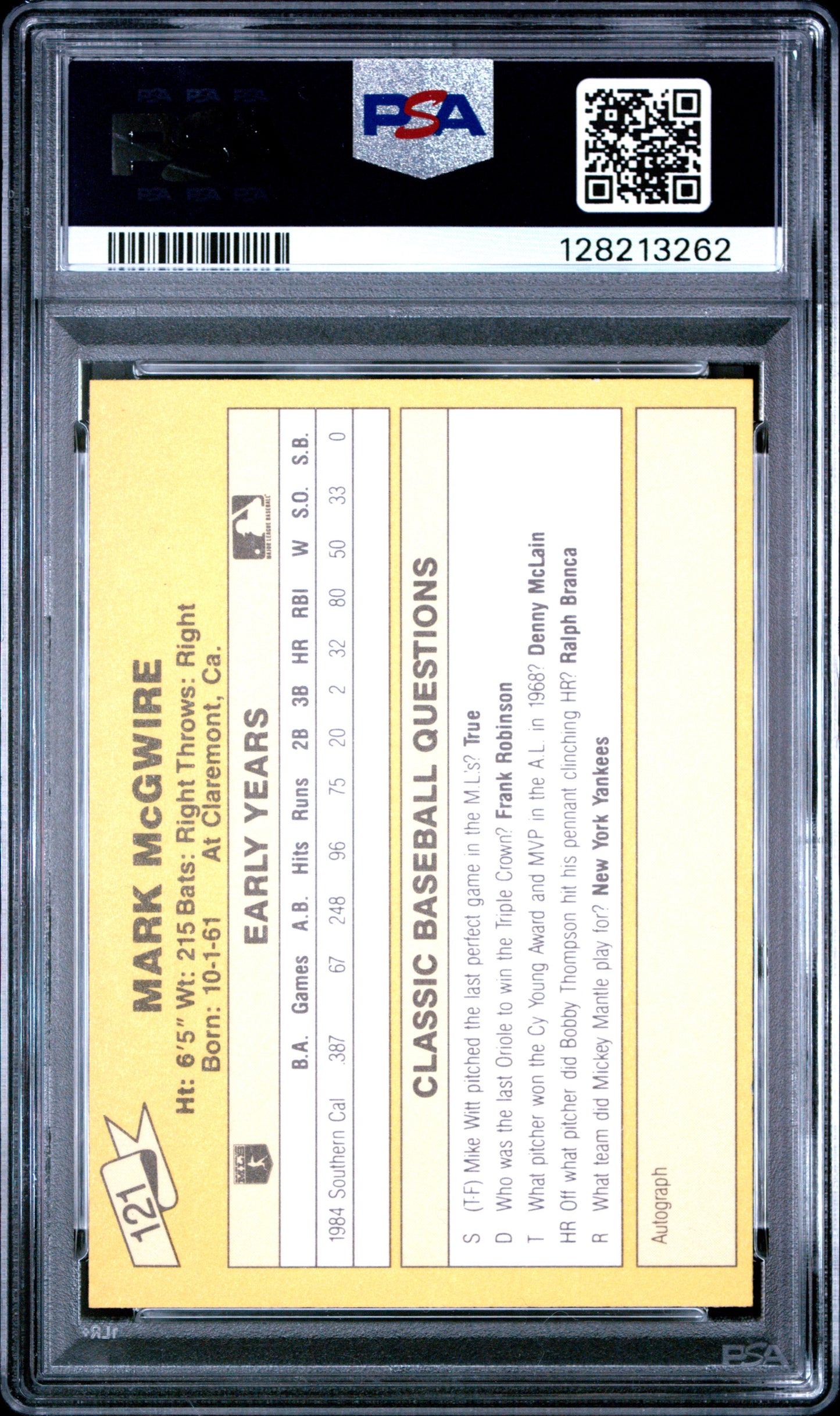 1987 CLASSIC TRAVEL UPDATE YELLOW 121 MARK McGWIRE YELLOW BACK - MINT 9