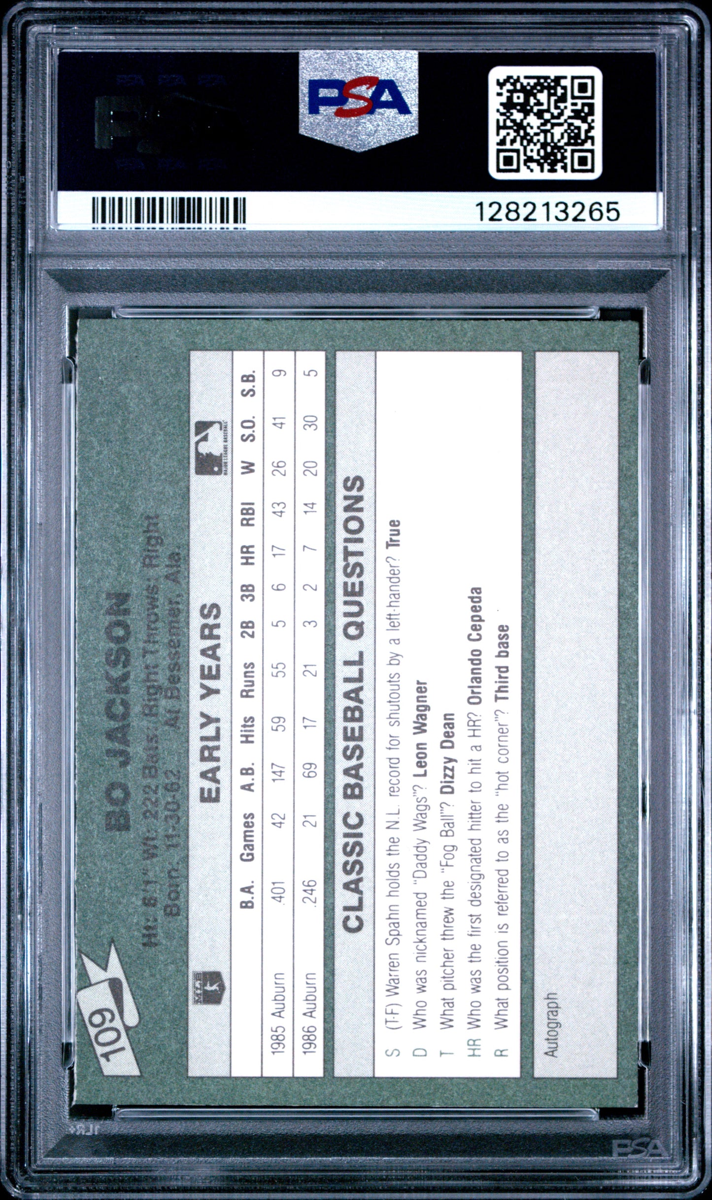 1987 CLASSIC TRAVEL UPDATE YELLOW 109 BO JACKSON GREEN BACK - MINT 9