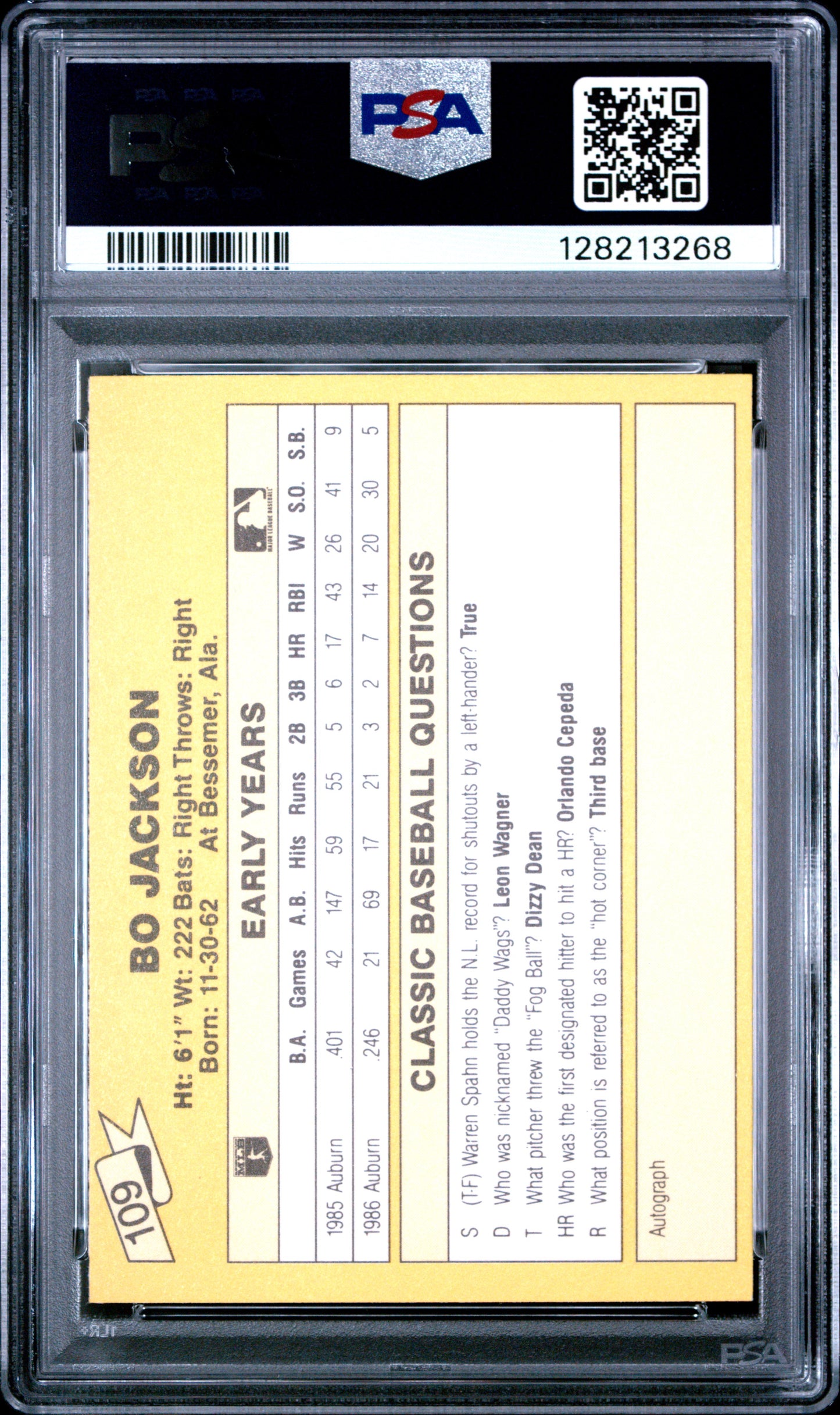 1987 CLASSIC TRAVEL UPDATE YELLOW 109 BO JACKSON YELLOW BACK - GEM MINT 10