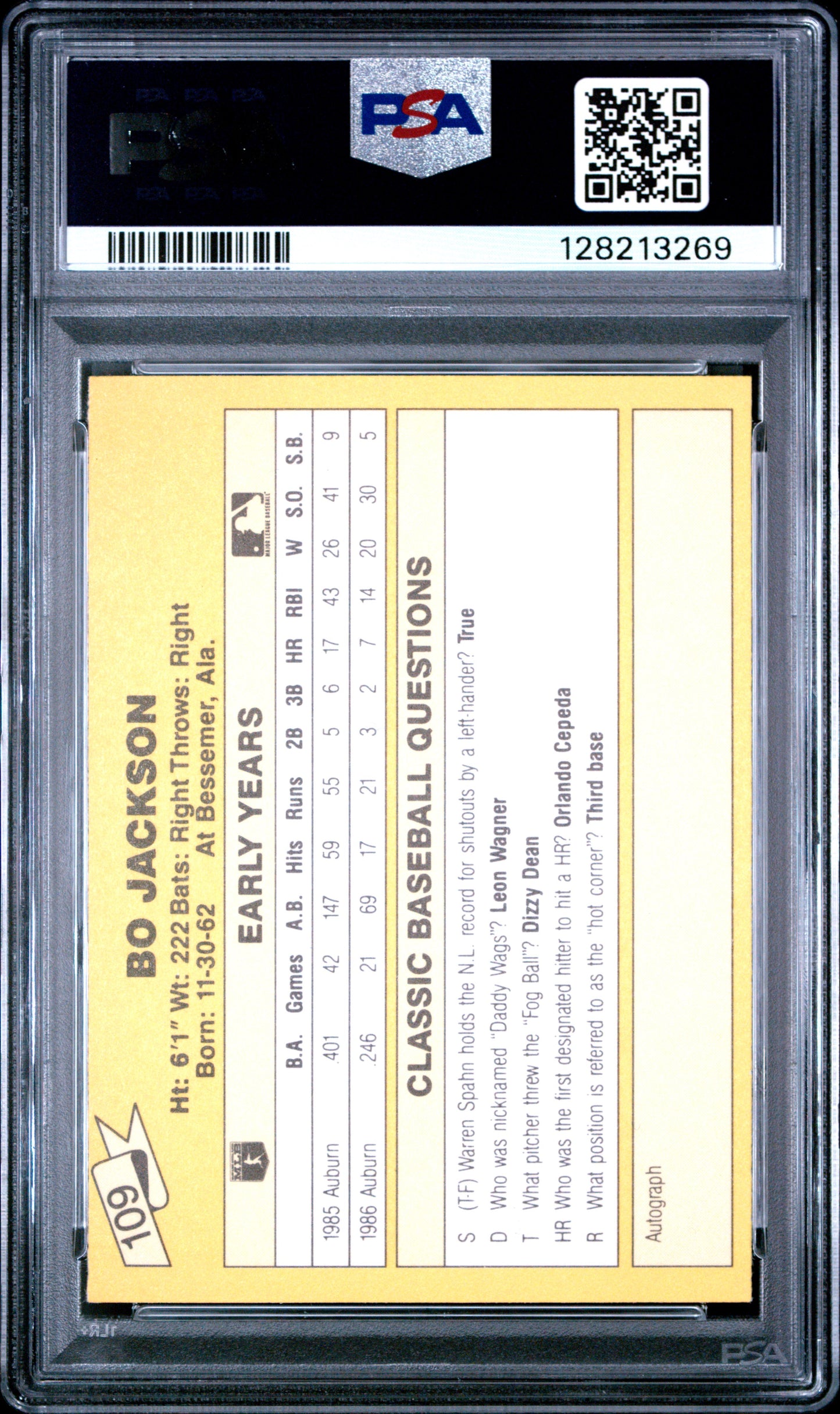 1987 CLASSIC TRAVEL UPDATE YELLOW 109 BO JACKSON YELLOW BACK - GEM MINT 10
