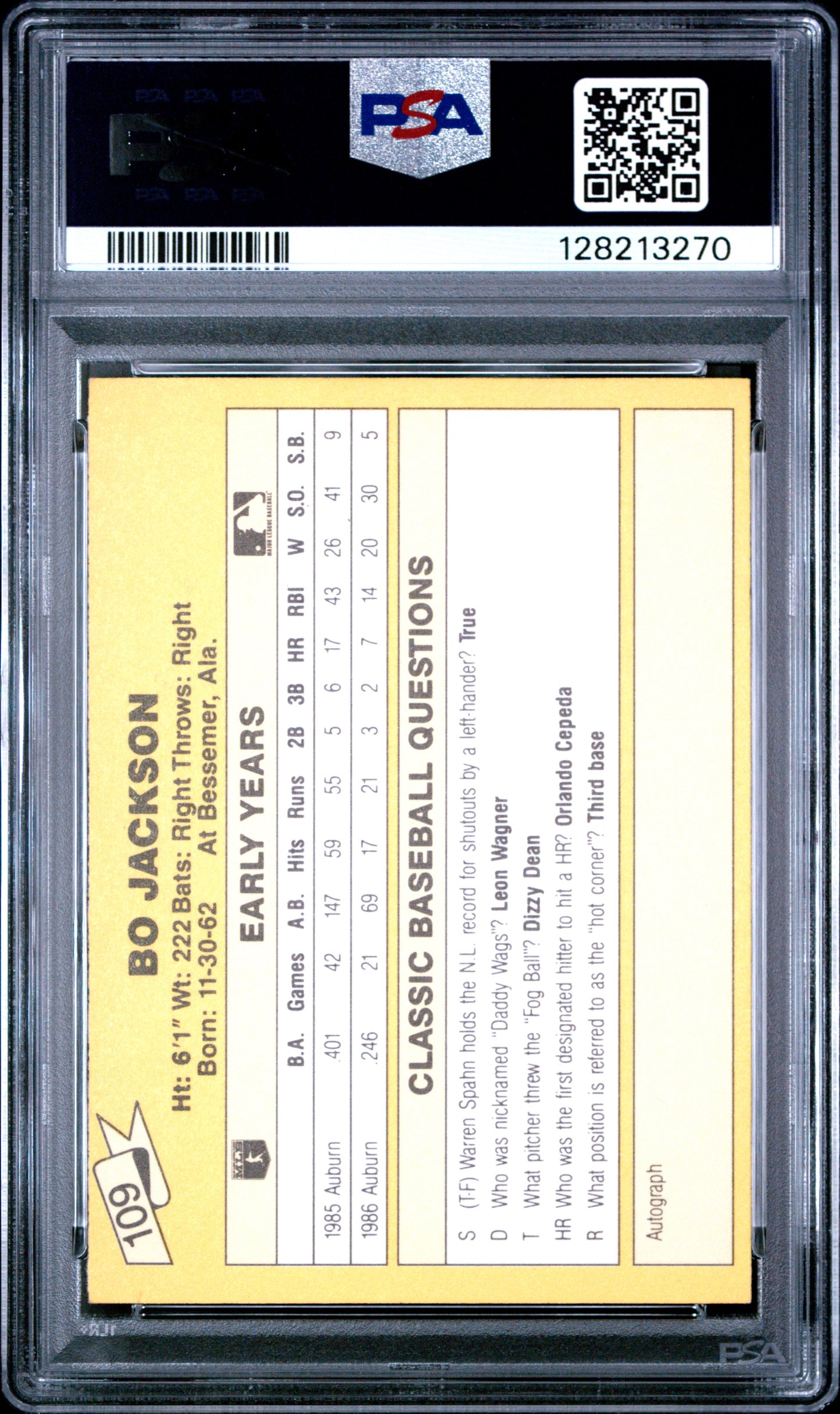 1987 CLASSIC TRAVEL UPDATE YELLOW 109 BO JACKSON YELLOW BACK - GEM MINT 10