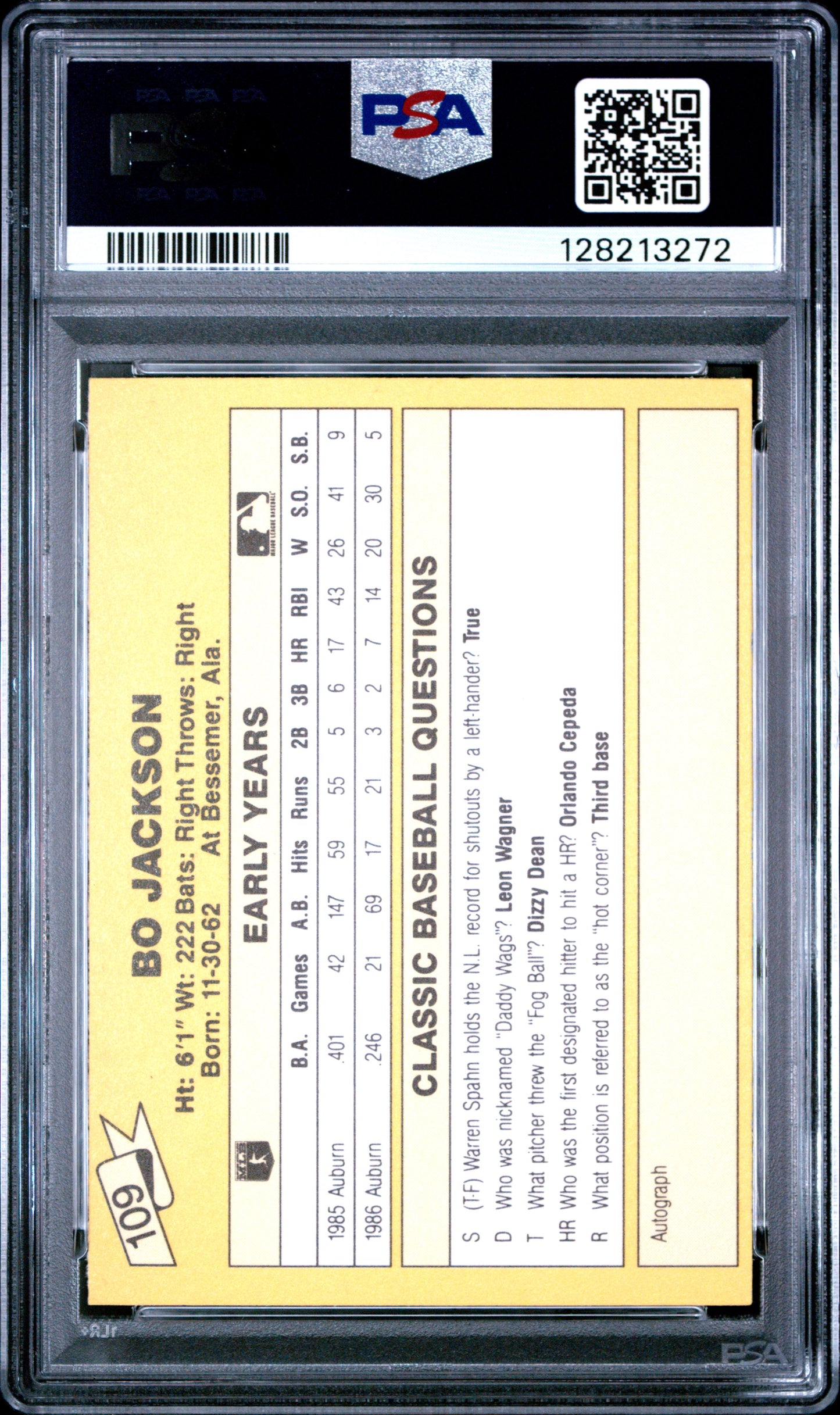 1987 CLASSIC TRAVEL UPDATE YELLOW 109 BO JACKSON YELLOW BACK - MINT 9