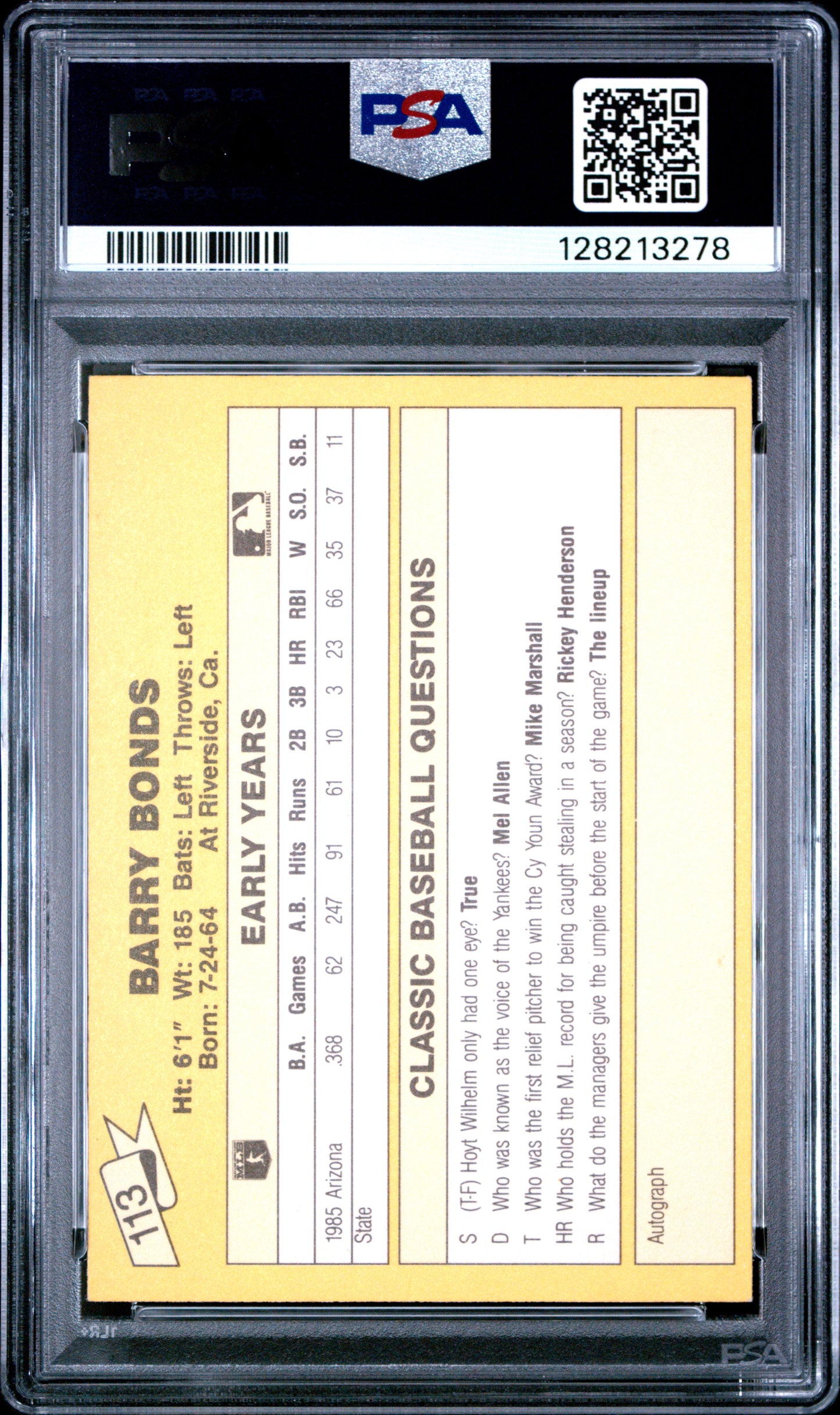 1987 CLASSIC TRAVEL UPDATE YELLOW 113 BARRY BONDS YELLOW BACK - NEAR MINT-MINT 8