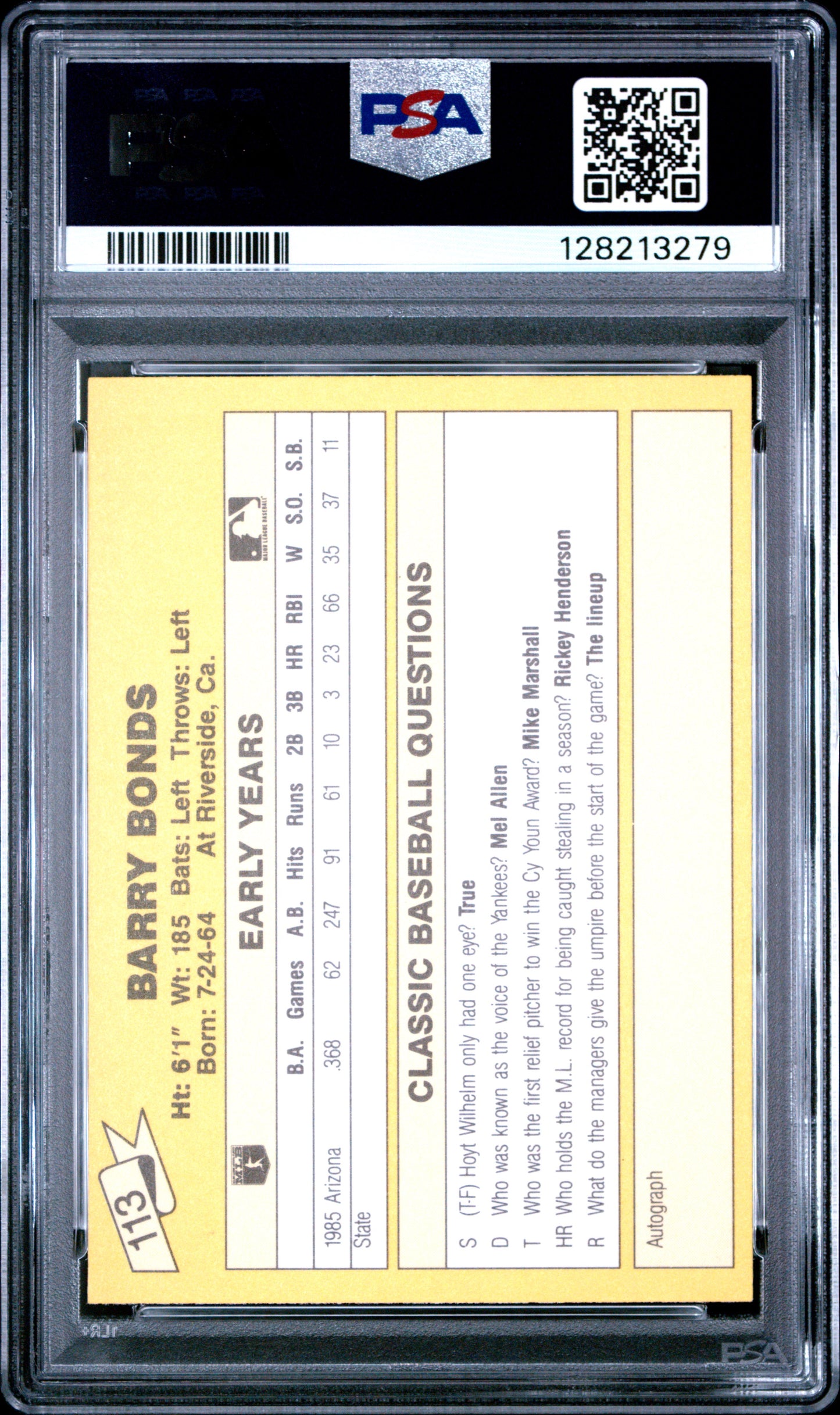 1987 CLASSIC TRAVEL UPDATE YELLOW 113 BARRY BONDS YELLOW BACK - EXCELLENT-MINT 6