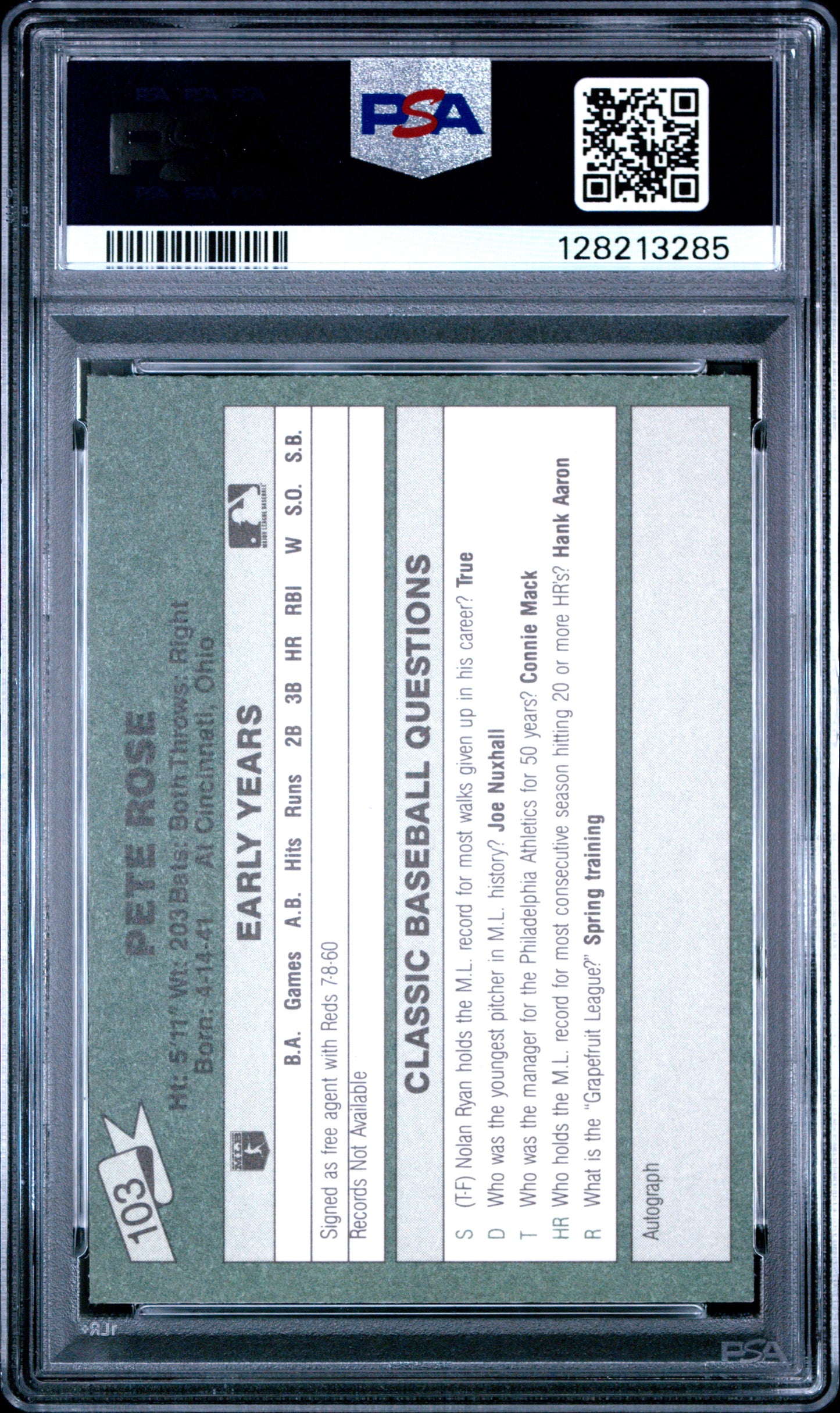 1987 CLASSIC TRAVEL UPDATE YELLOW 103 PETE ROSE GREEN BACK - GEM MINT 10