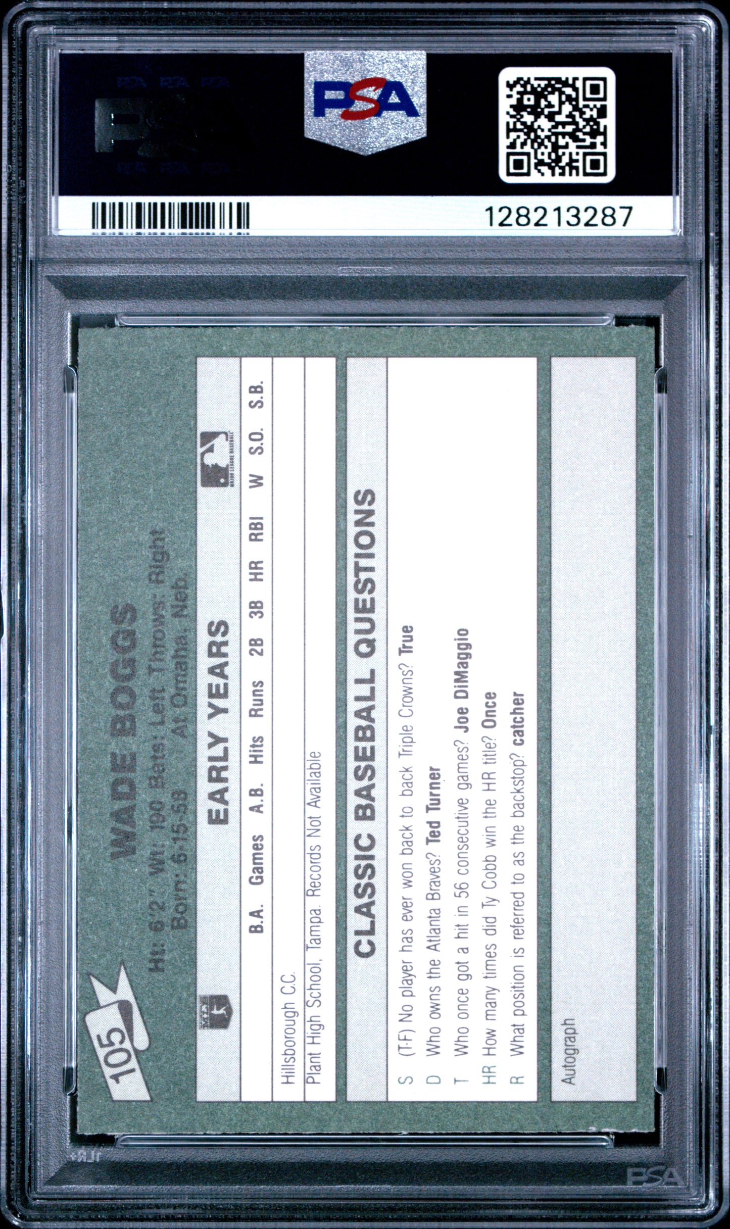 1987 CLASSIC TRAVEL UPDATE YELLOW 105 WADE BOGGS GREEN BACK - NEAR MINT-MINT 8