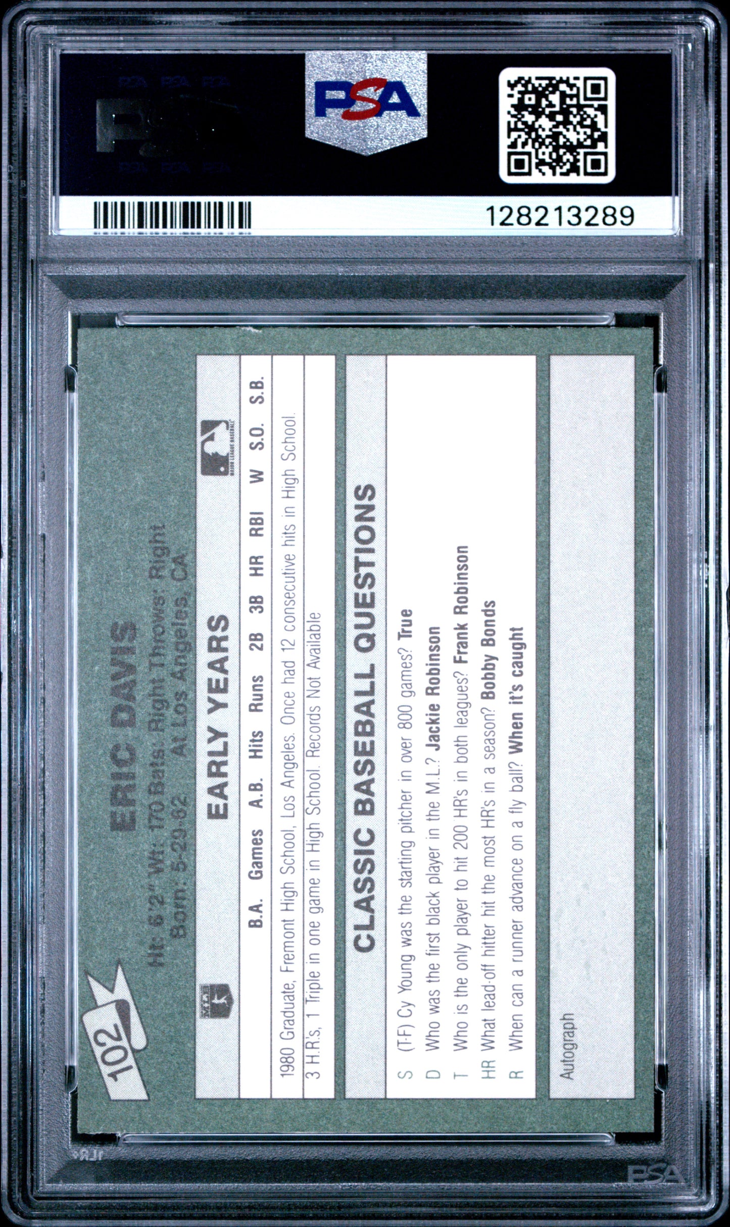 1987 CLASSIC TRAVEL UPDATE YELLOW 102 ERIC DAVIS GREEN BACK - NEAR MINT-MINT 8