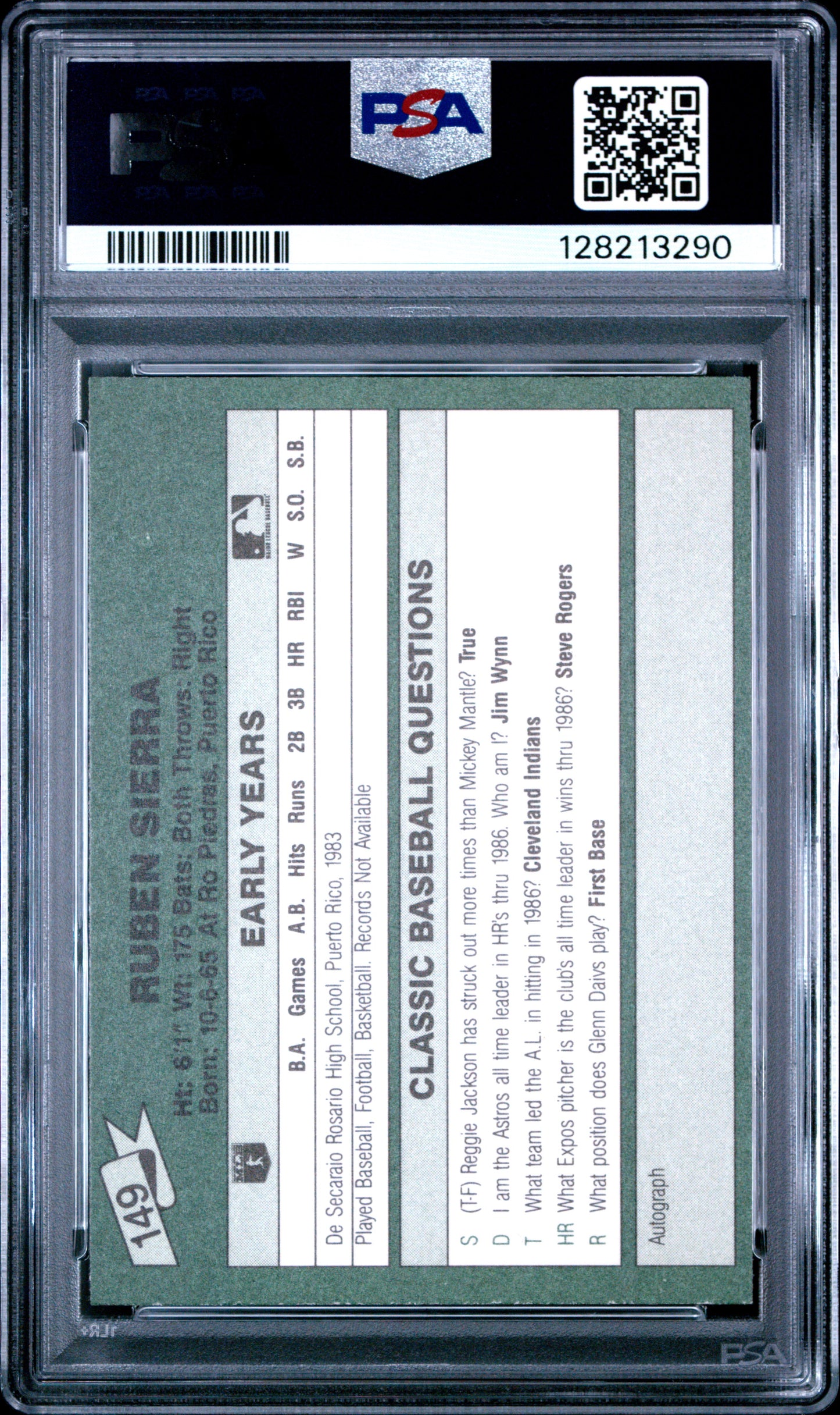 1987 CLASSIC TRAVEL UPDATE YELLOW 149 RUBEN SIERRA GREEN BACK - NEAR MINT-MINT 8