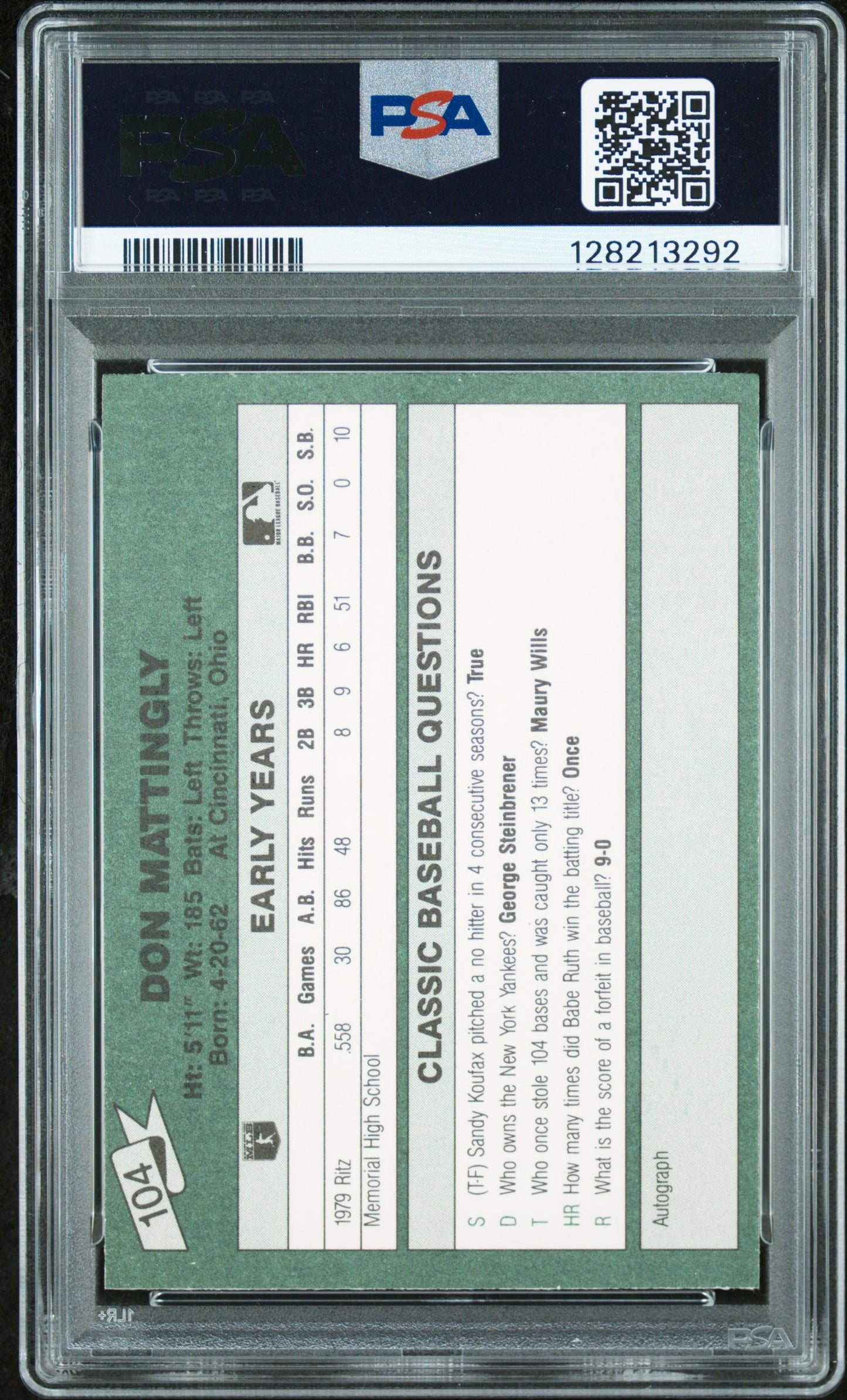 1987 CLASSIC TRAVEL UPDATE YELLOW 104 DON MATTINGLY GREEN BACK - GEM MINT 10