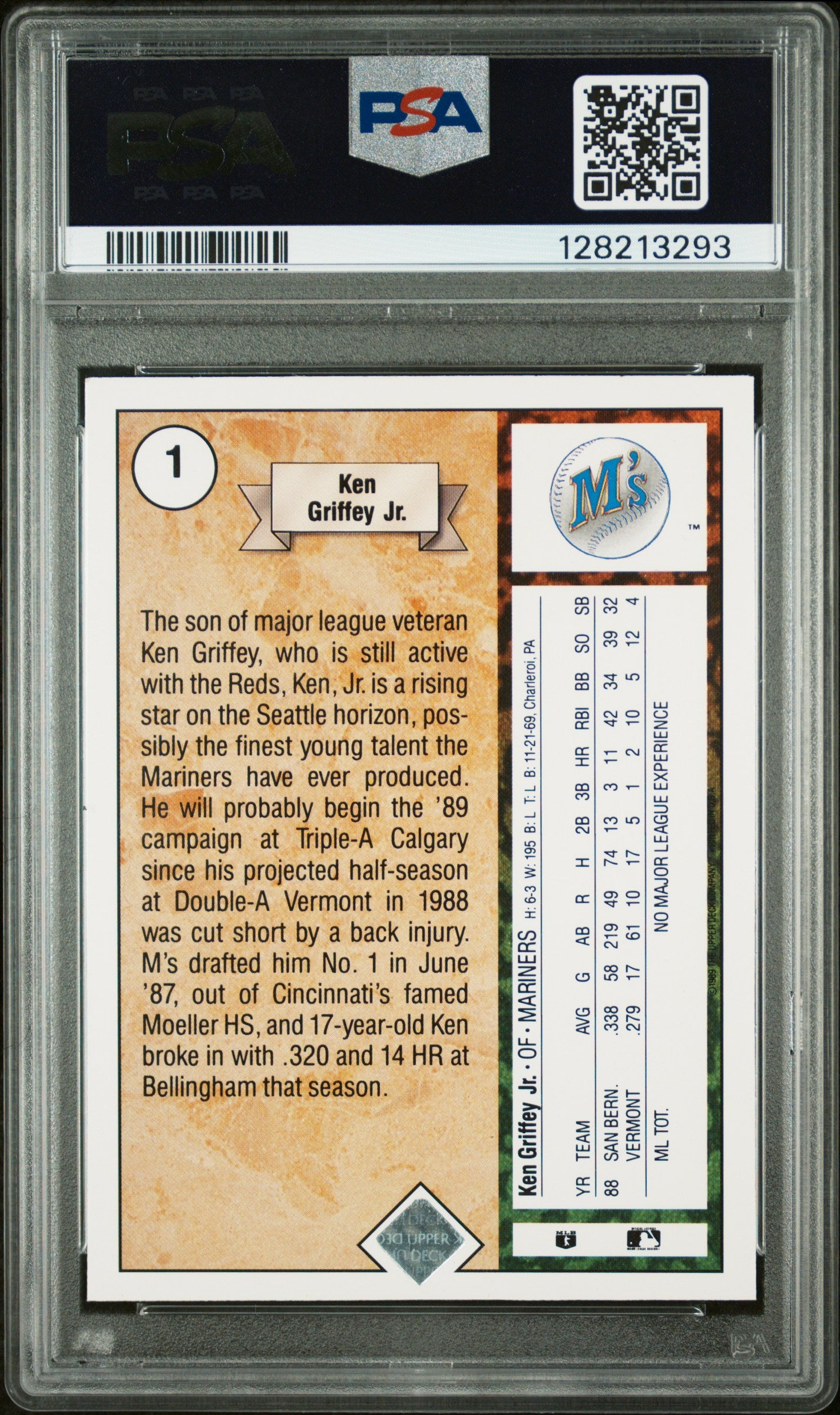 1989 UPPER DECK 1 KEN GRIFFEY JR. STAR ROOKIE - NEAR MINT-MINT 8