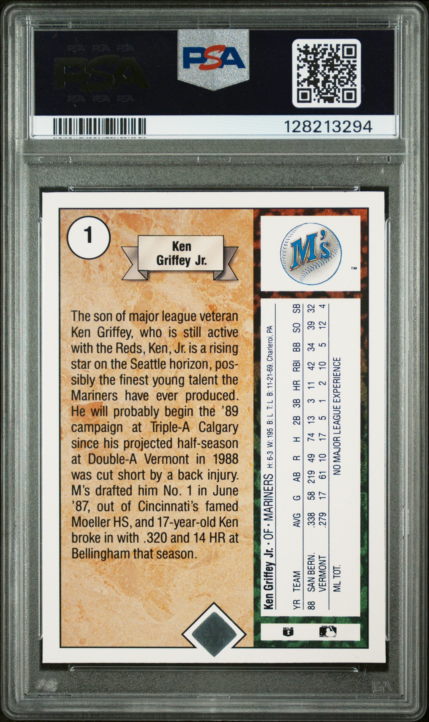 1989 UPPER DECK 1 KEN GRIFFEY JR. STAR ROOKIE - NEAR MINT-MINT 8