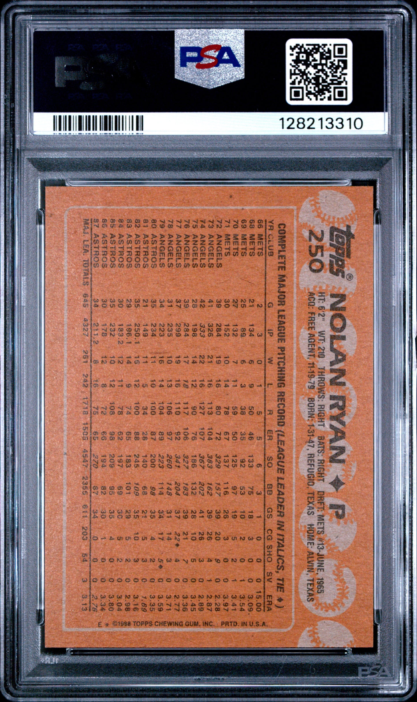 1988 TOPPS 250 NOLAN RYAN - GEM MINT 10