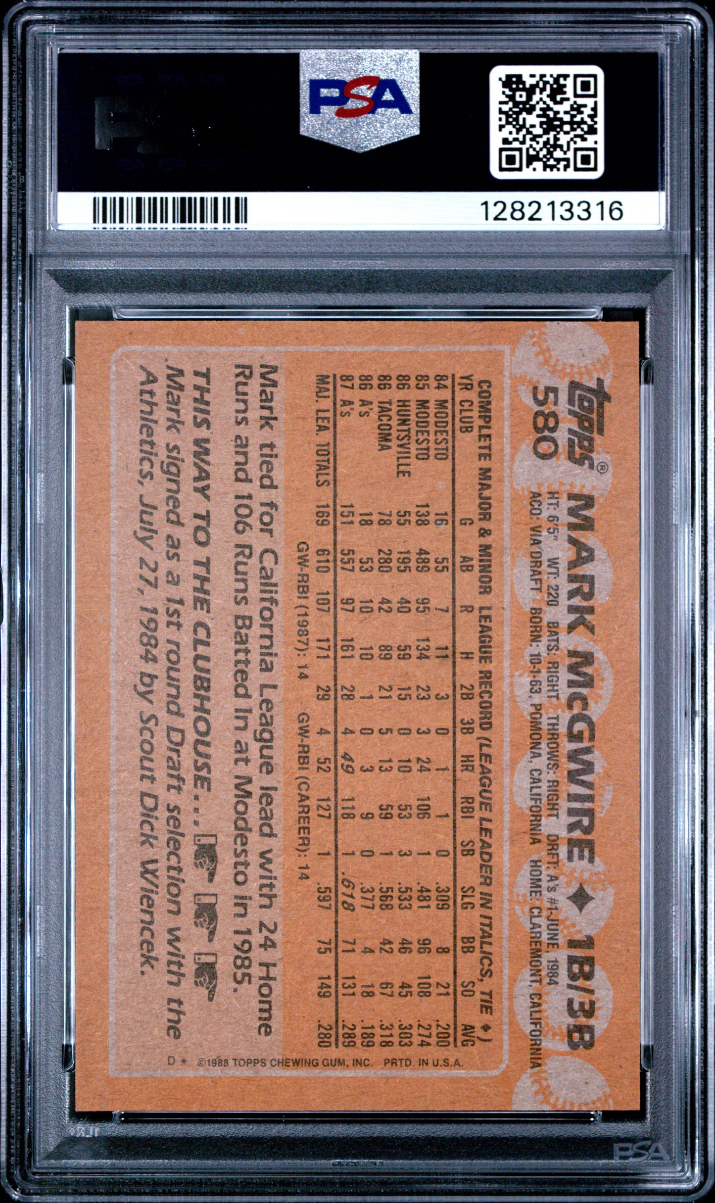 1988 TOPPS 580 MARK McGWIRE - MINT 9