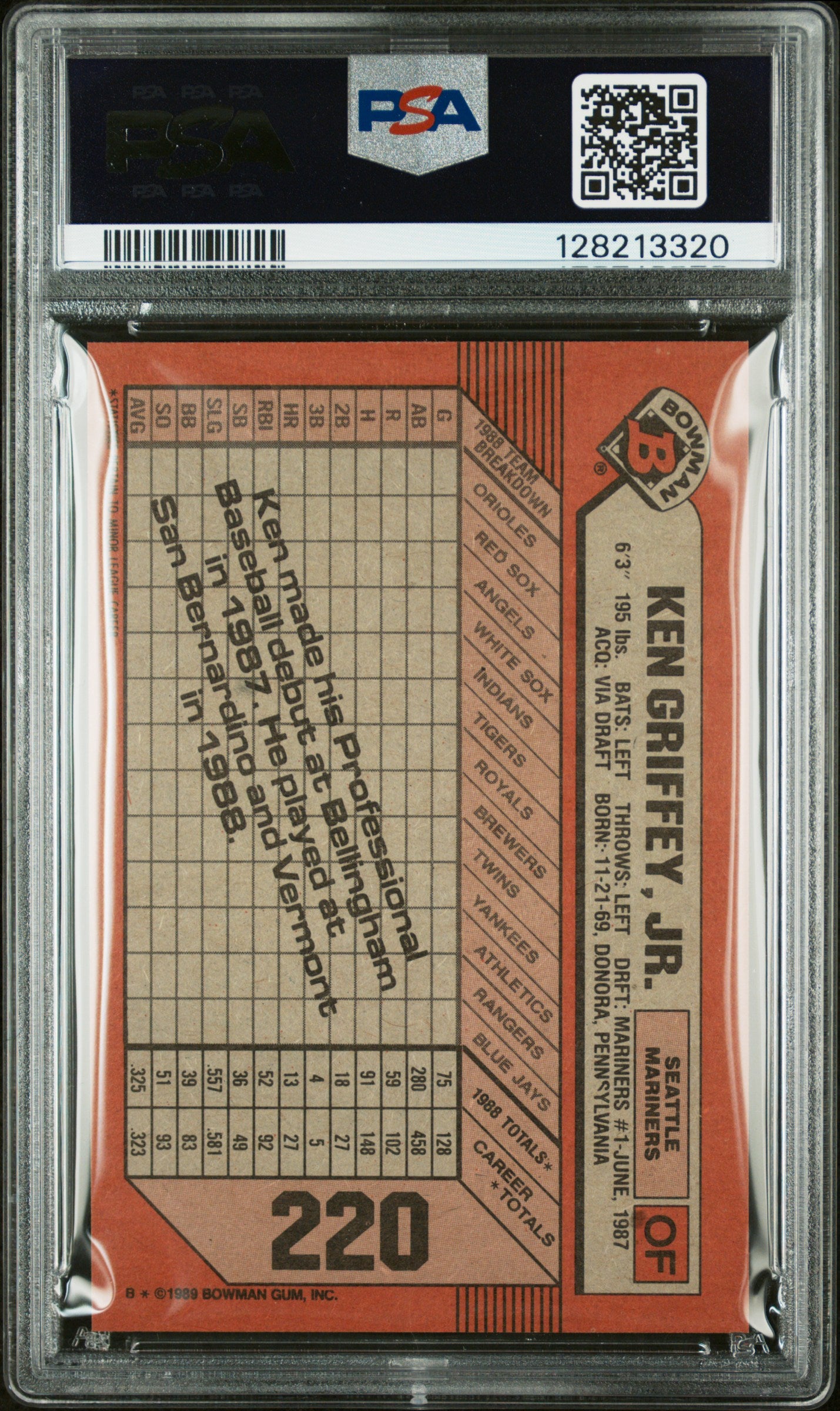 1989 BOWMAN 220 KEN GRIFFEY JR. - GEM MINT 10