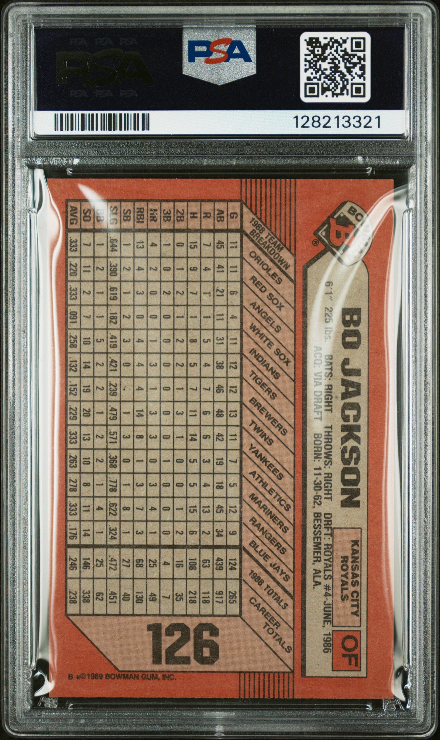 1989 BOWMAN 126 BO JACKSON - NEAR MINT 7