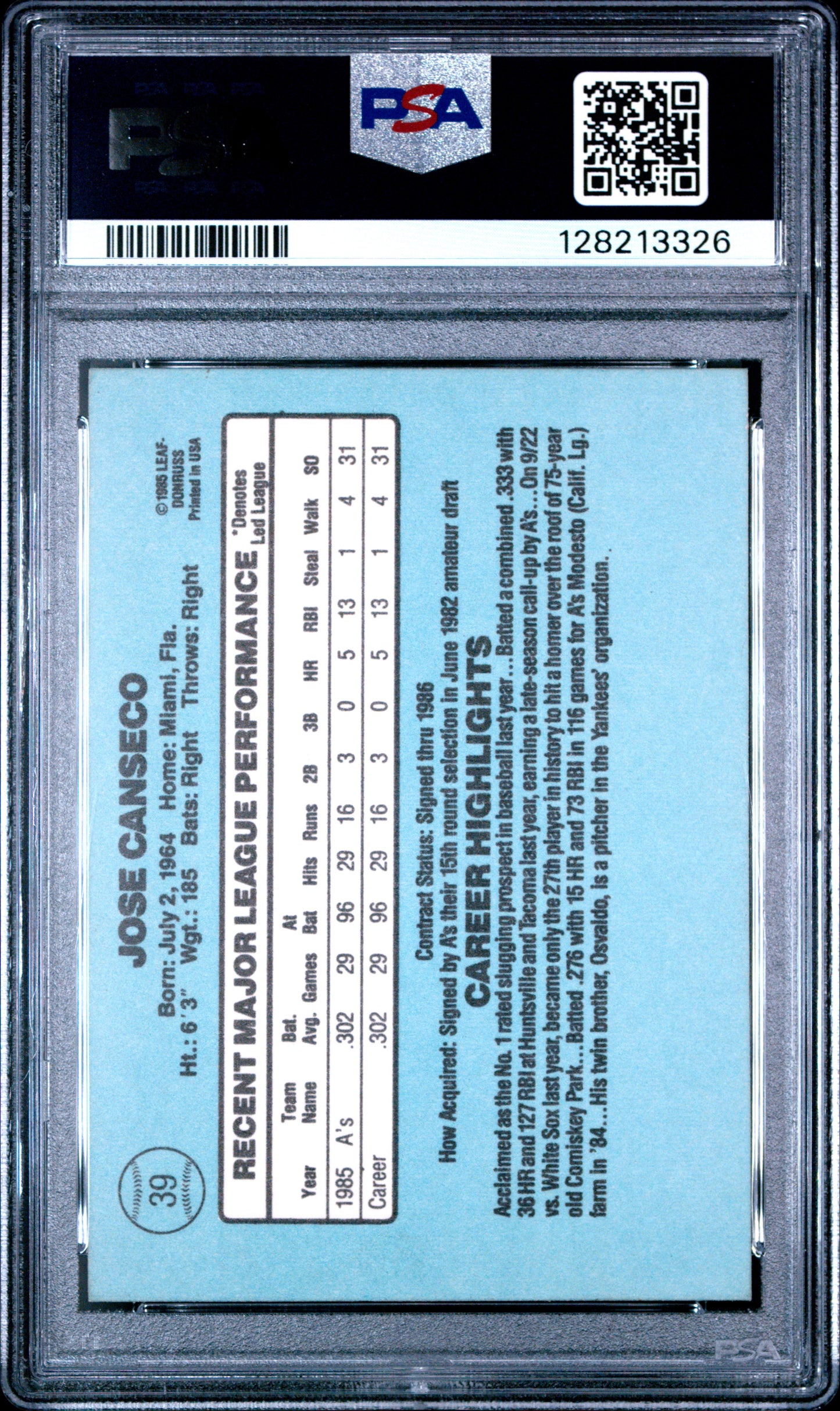 1986 DONRUSS 39 JOSE CANSECO - EXCELLENT 5