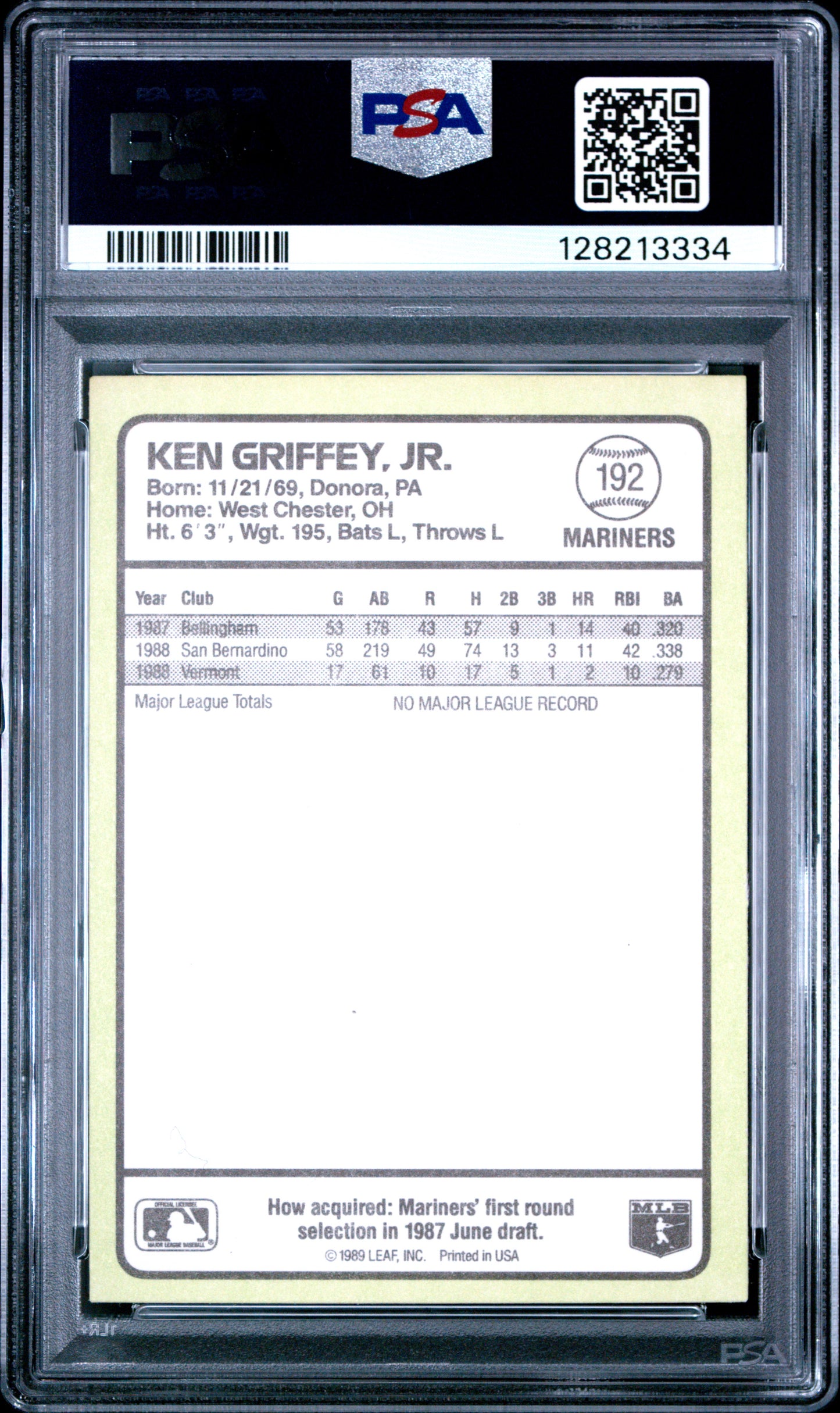 1989 DONRUSS BASEBALL'S BEST 192 KEN GRIFFEY JR. - GEM MINT 10