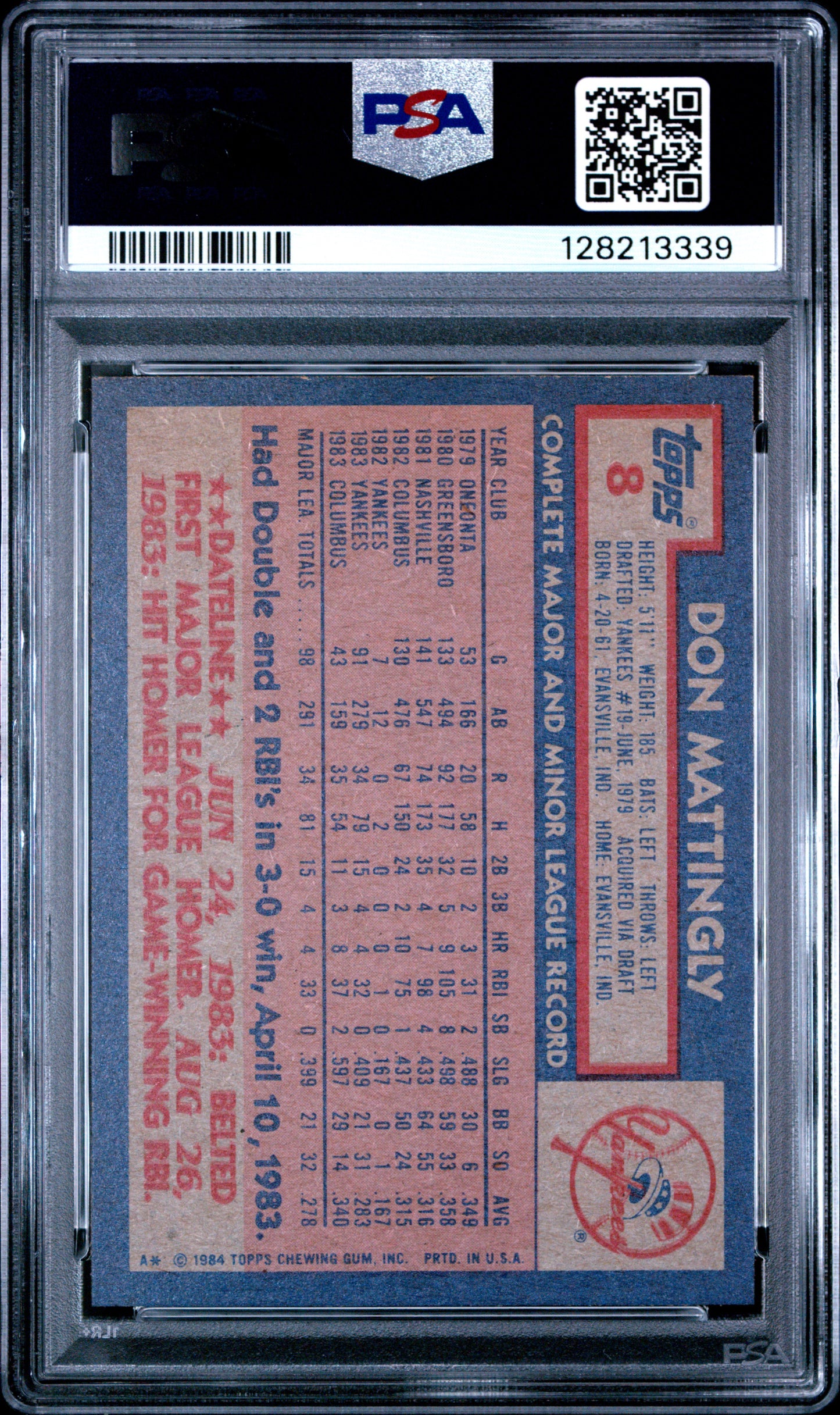 1984 TOPPS 8 DON MATTINGLY - MINT 9