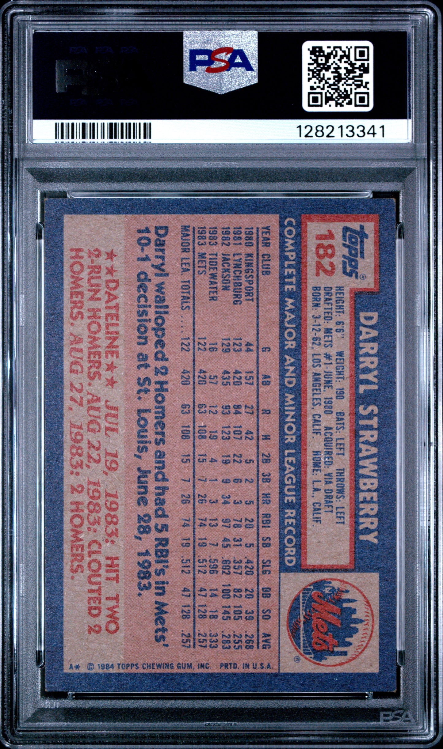 1984 TOPPS 182 DARRYL STRAWBERRY - NEAR MINT 7
