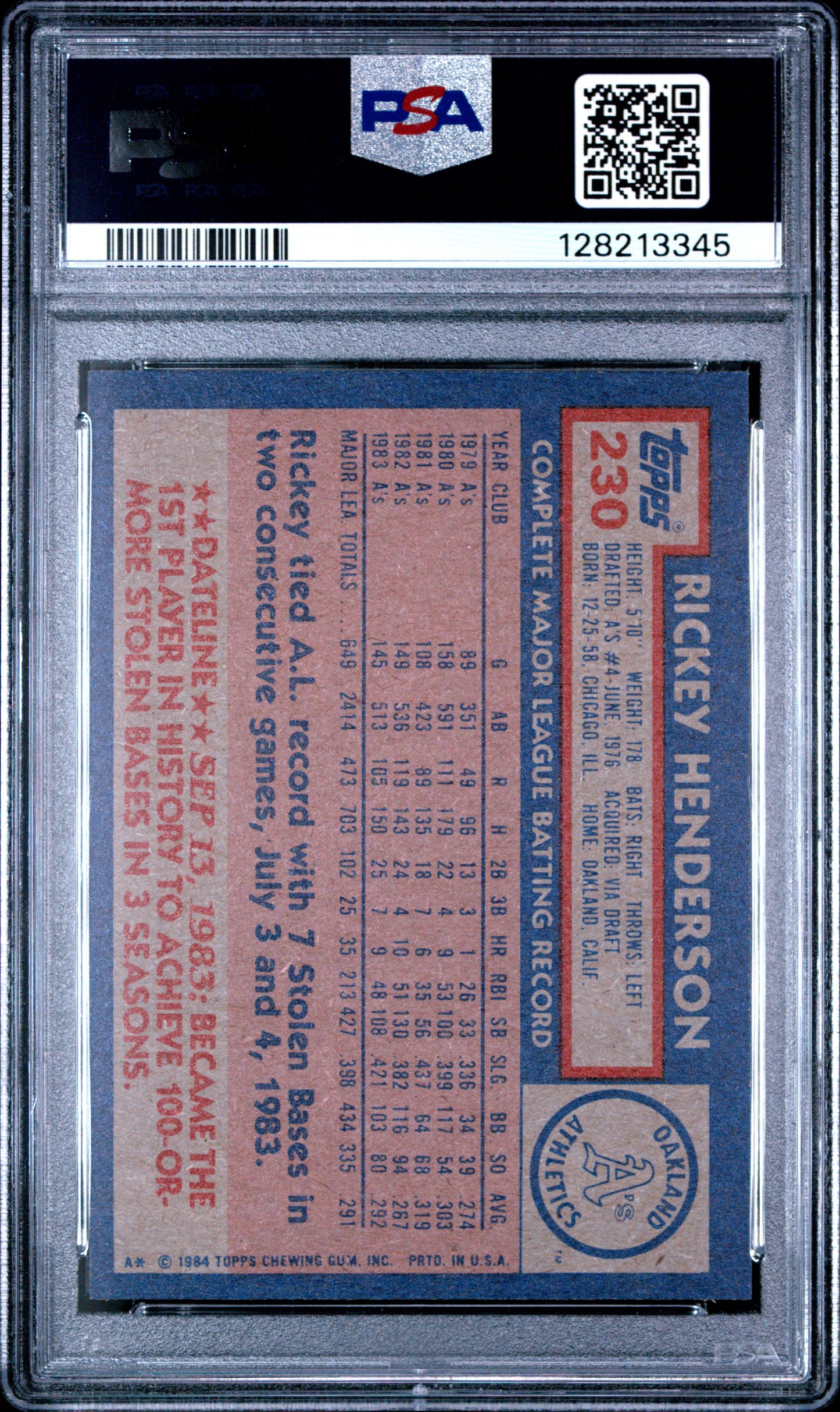 1984 TOPPS 230 RICKEY HENDERSON - GEM MINT 10