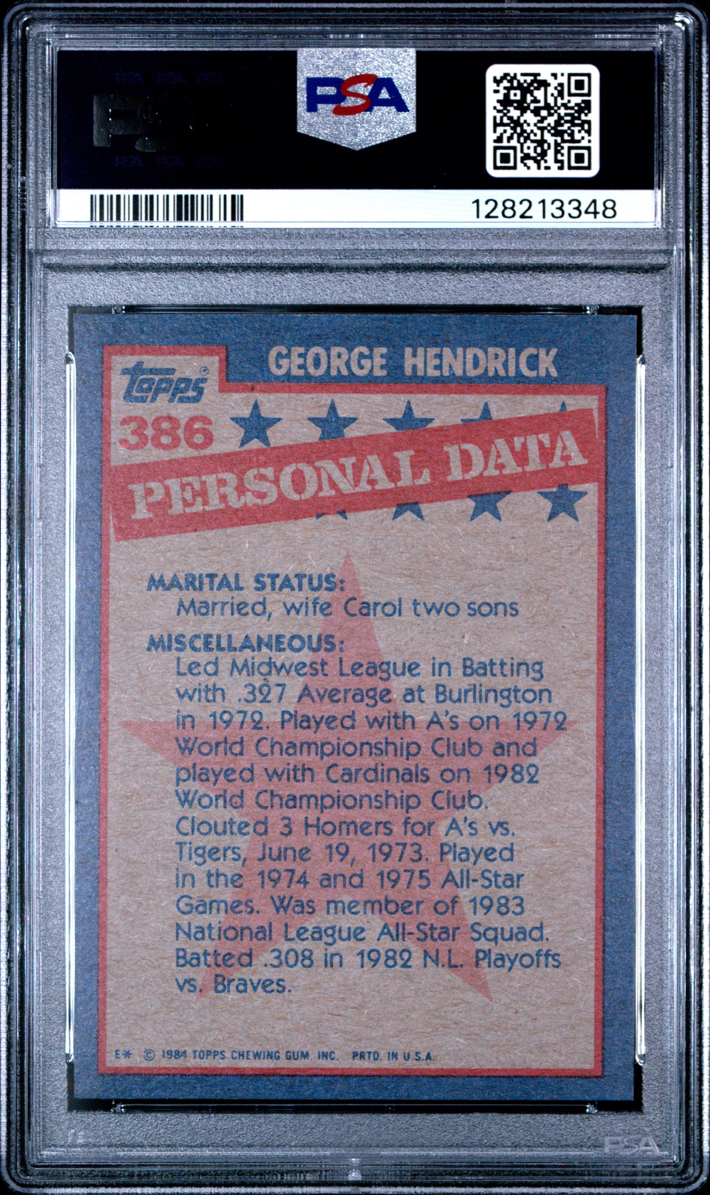 1984 TOPPS 386 GEORGE HENDRICK - NEAR MINT-MINT 8