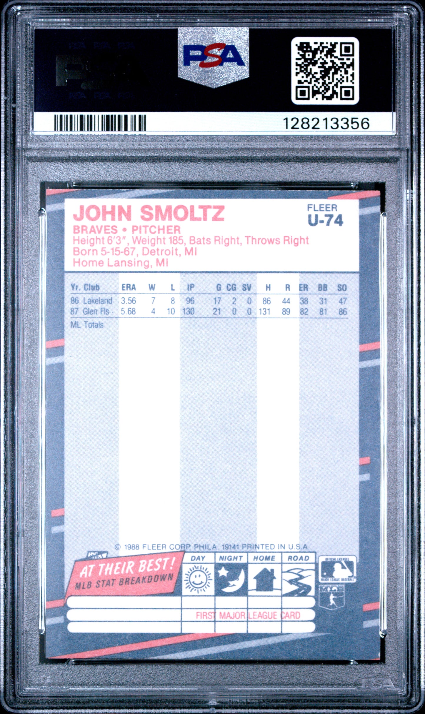 1988 FLEER UPDATE GLOSSY U-74 JOHN SMOLTZ - NEAR MINT-MINT 8