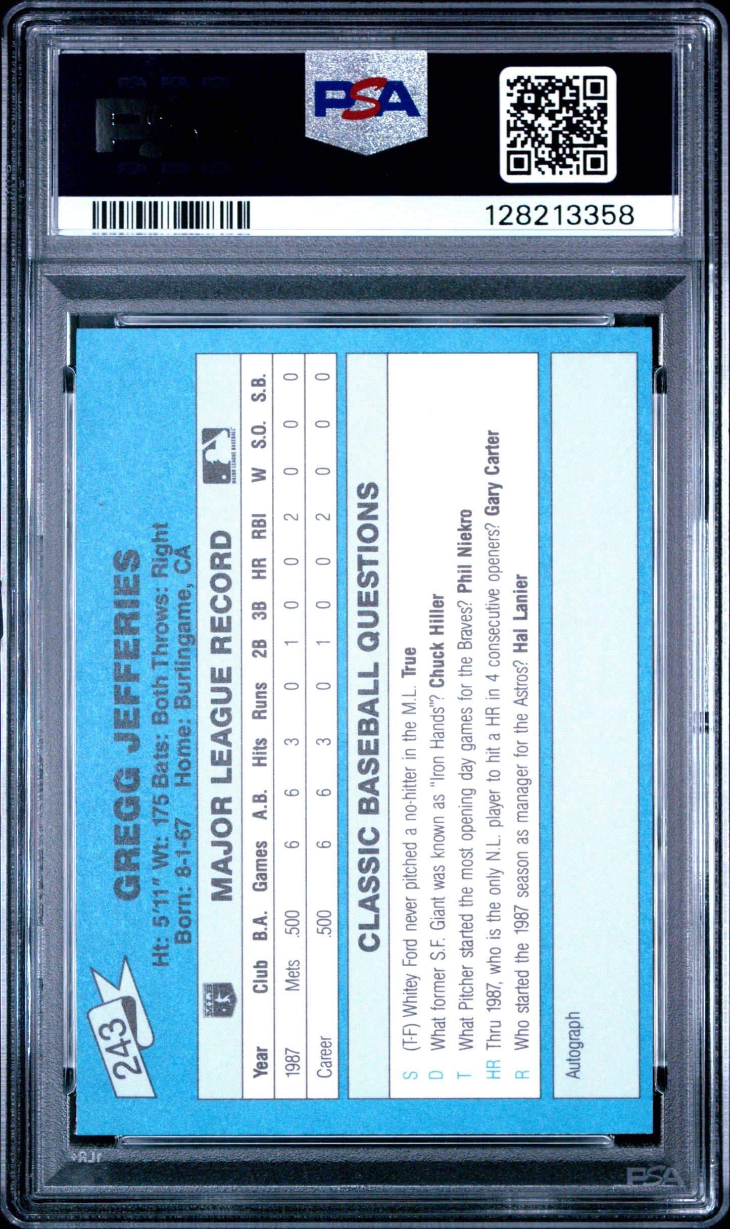 1988 CLASSIC TRAVEL UPDATE II 243 GREGG JEFFERIES BLUE - MINT 9