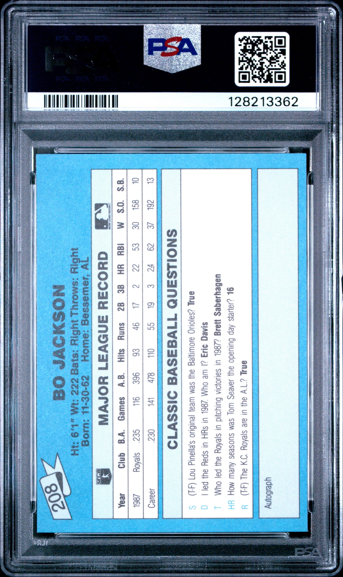 1988 CLASSIC TRAVEL UPDATE II 208 BO JACKSON BLUE - MINT 9