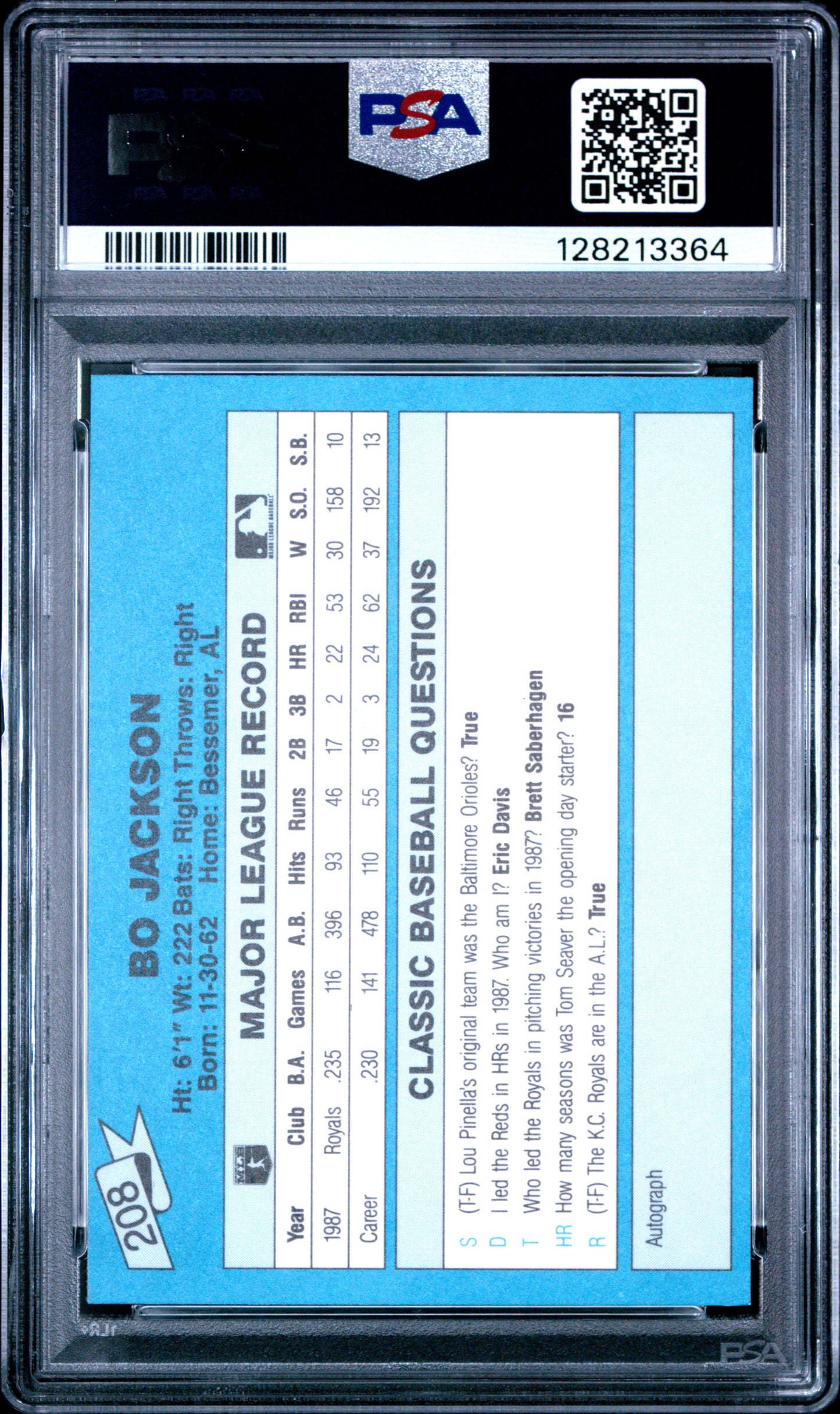 1988 CLASSIC TRAVEL UPDATE II 208 BO JACKSON BLUE - MINT 9