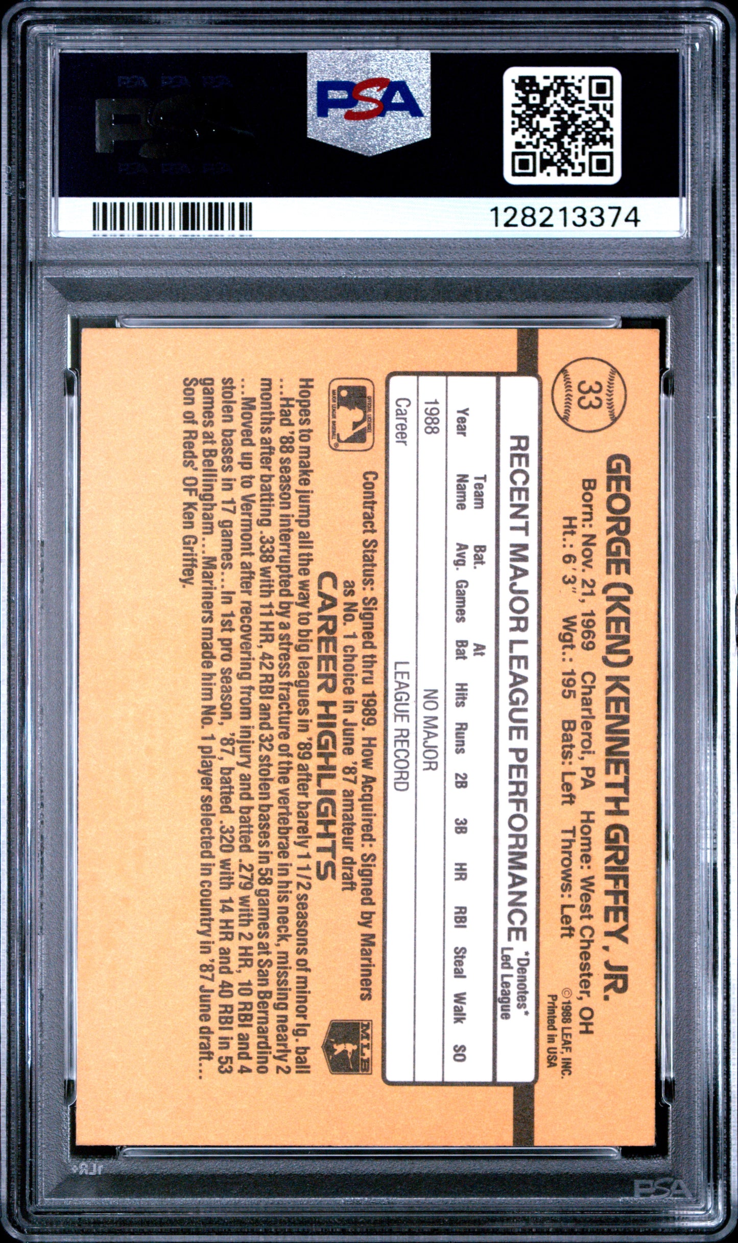 1989 DONRUSS 33 KEN GRIFFEY JR. - NEAR MINT-MINT 8