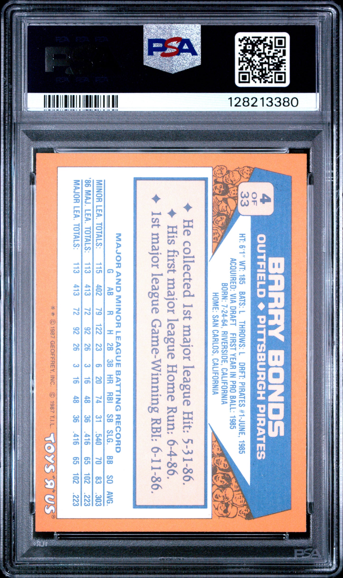 1987 TOYS R US ROOKIES 4 BARRY BONDS - MINT 9