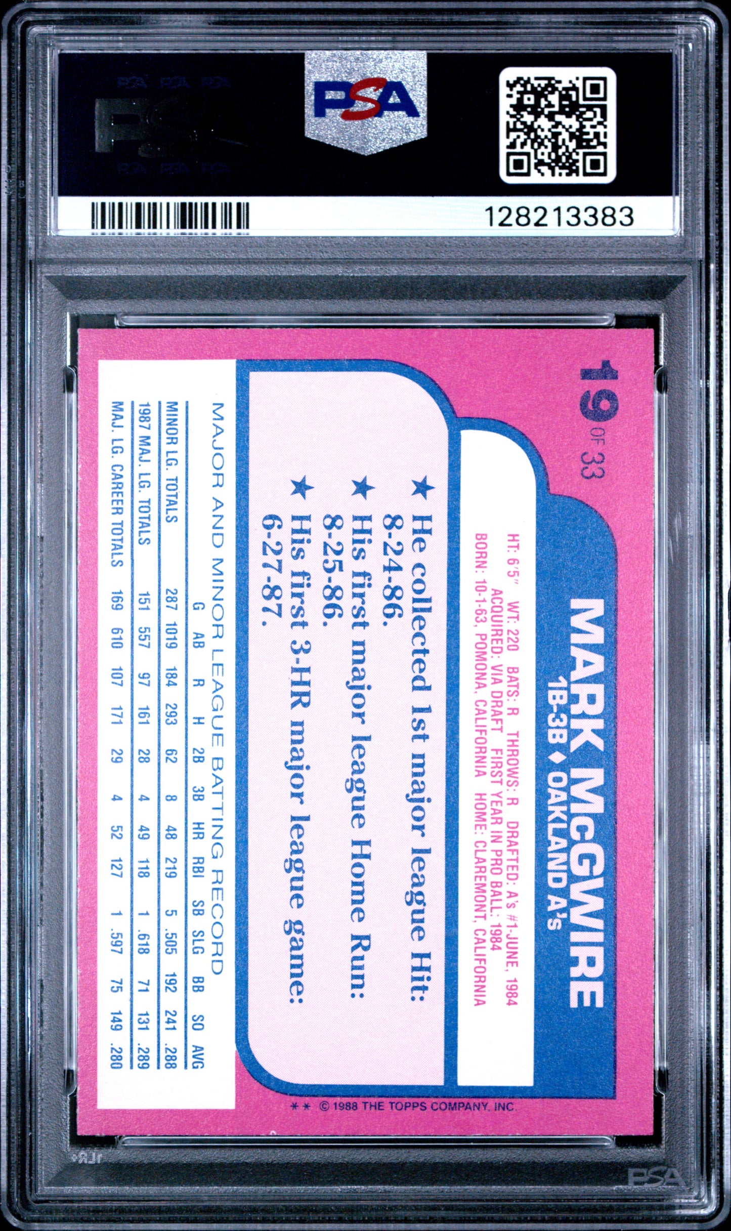 1988 TOYS R US ROOKIES 19 MARK McGWIRE - MINT 9