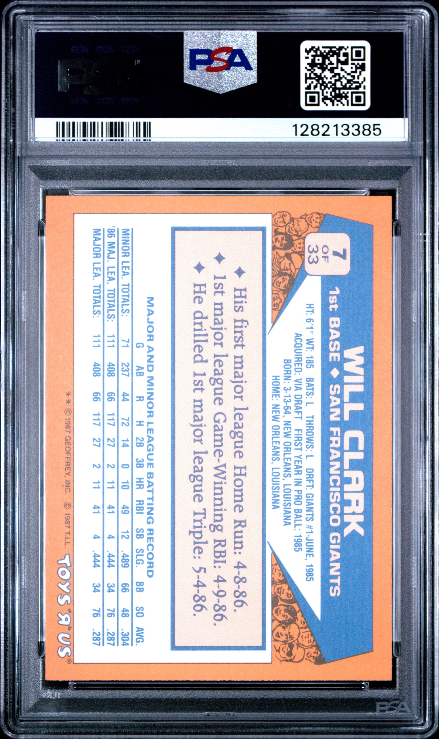 1987 TOYS R US ROOKIES 7 WILL CLARK - GEM MINT 10