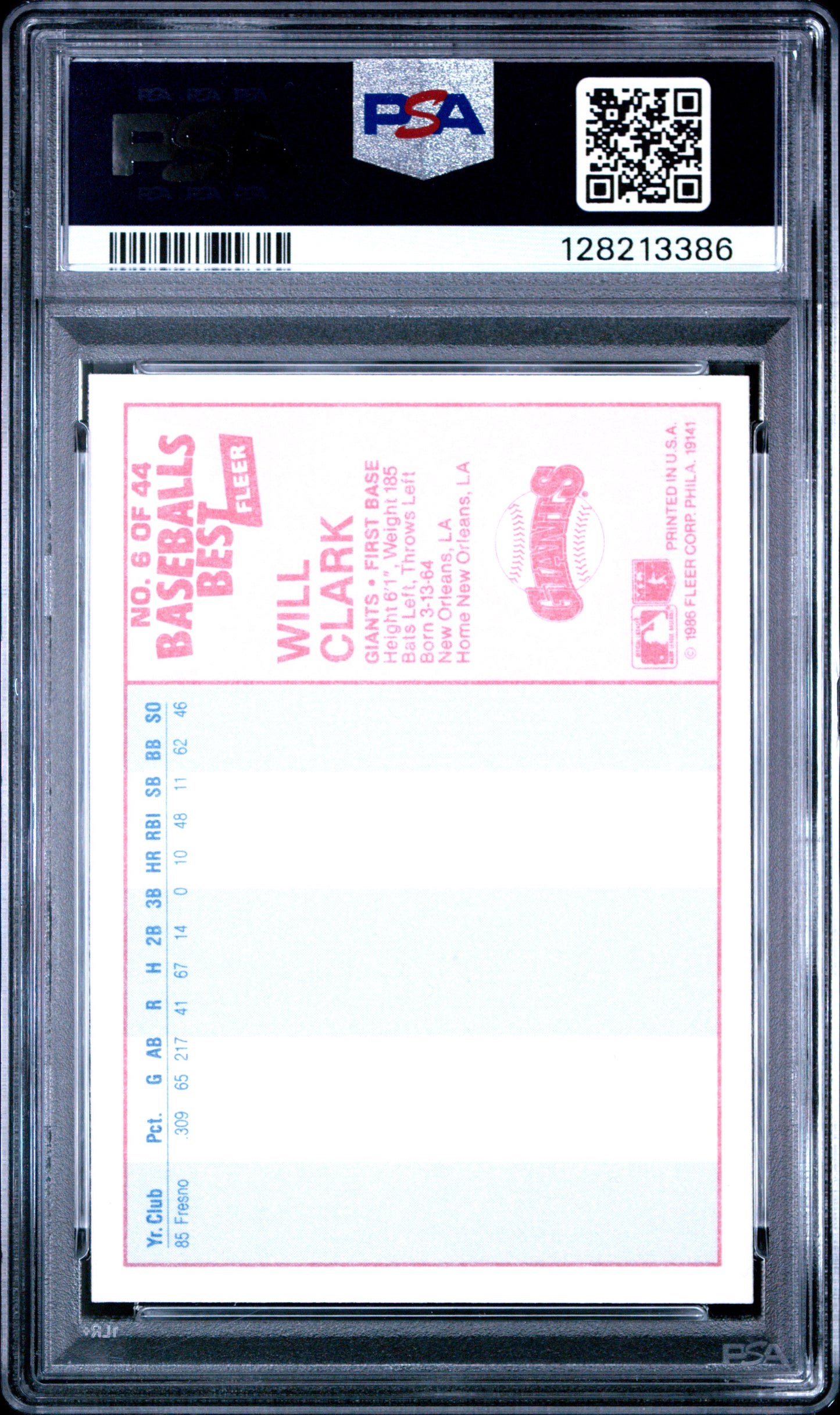 1986 FLEER BASEBALL'S BEST 6 WILL CLARK - NEAR MINT-MINT 8