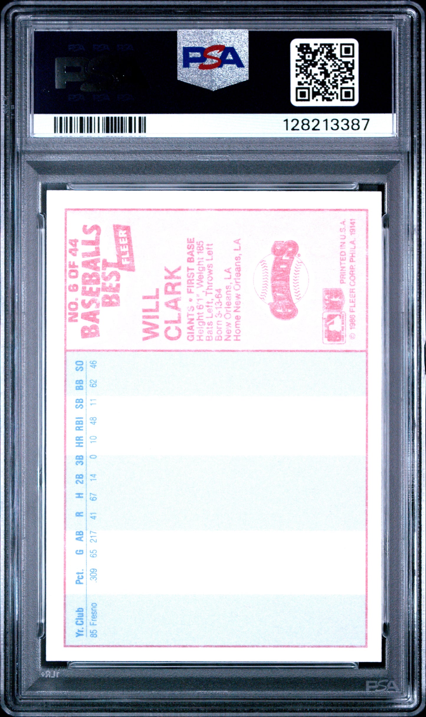 1986 FLEER BASEBALL'S BEST 6 WILL CLARK - MINT 9