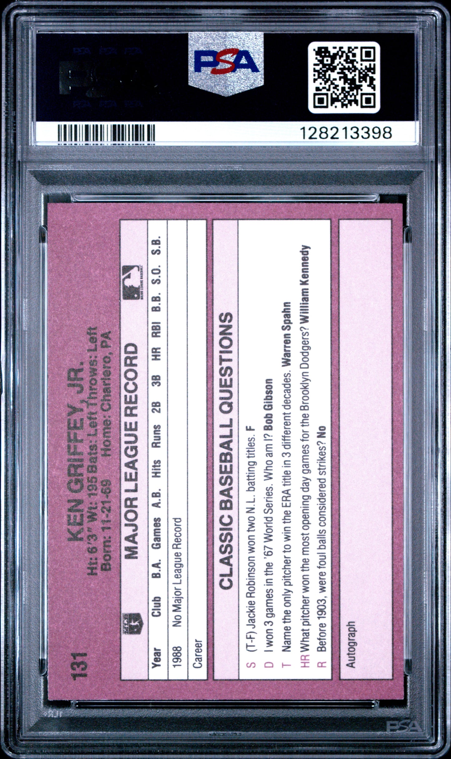 1989 CLASSIC TRAVEL UPDATE I 131 KEN GRIFFEY JR. - GEM MINT 10