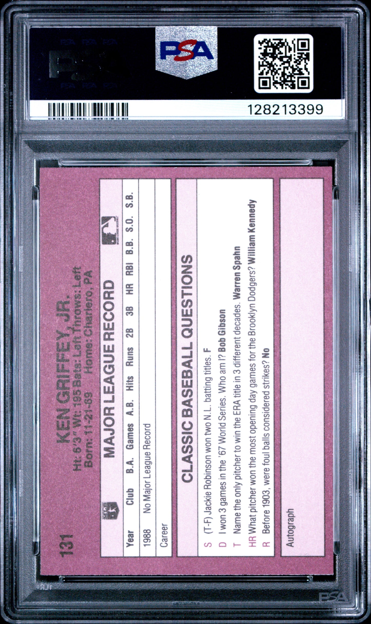 1989 CLASSIC TRAVEL UPDATE I 131 KEN GRIFFEY JR. - GEM MINT 10