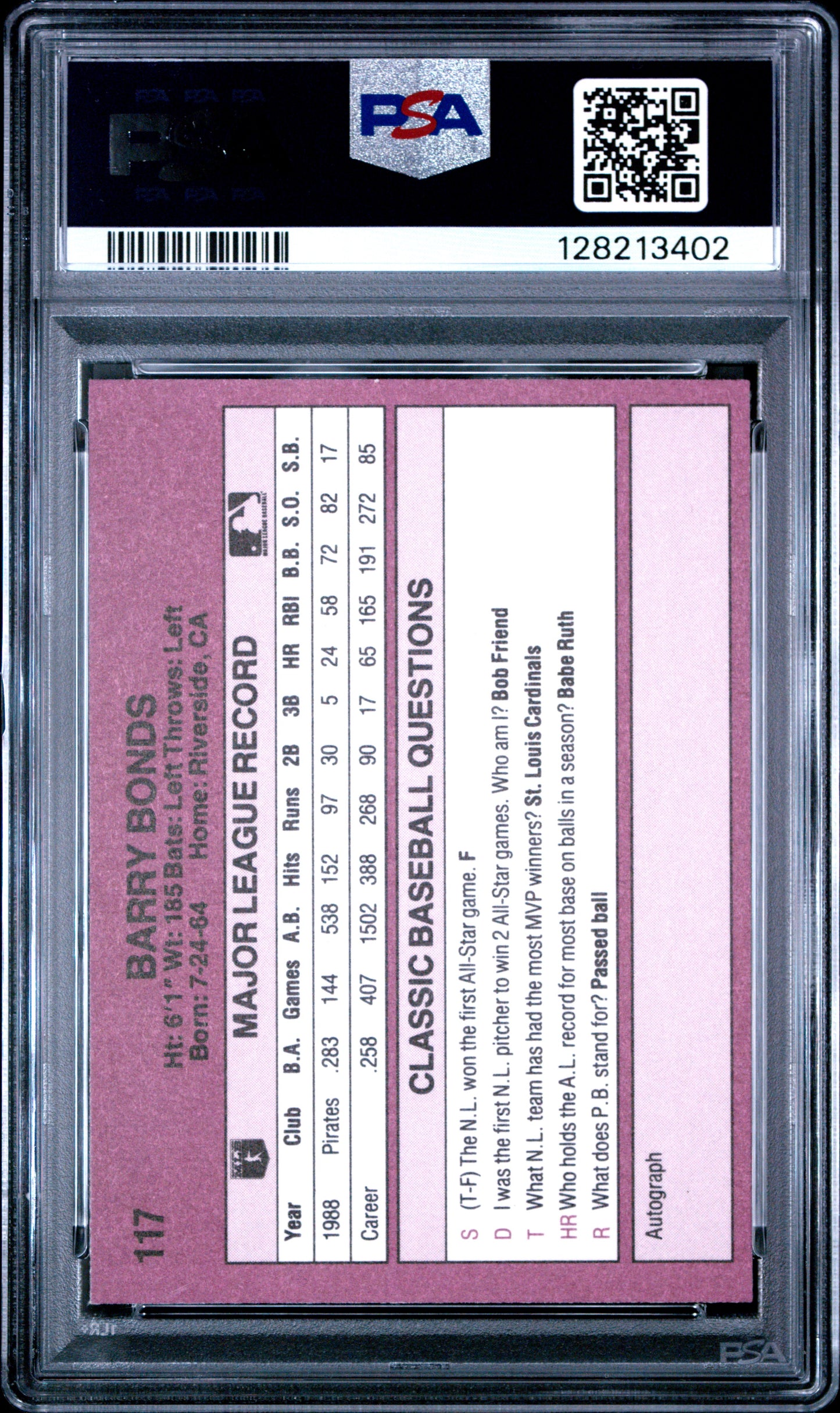 1989 CLASSIC TRAVEL UPDATE I 117 BARRY BONDS - MINT 9