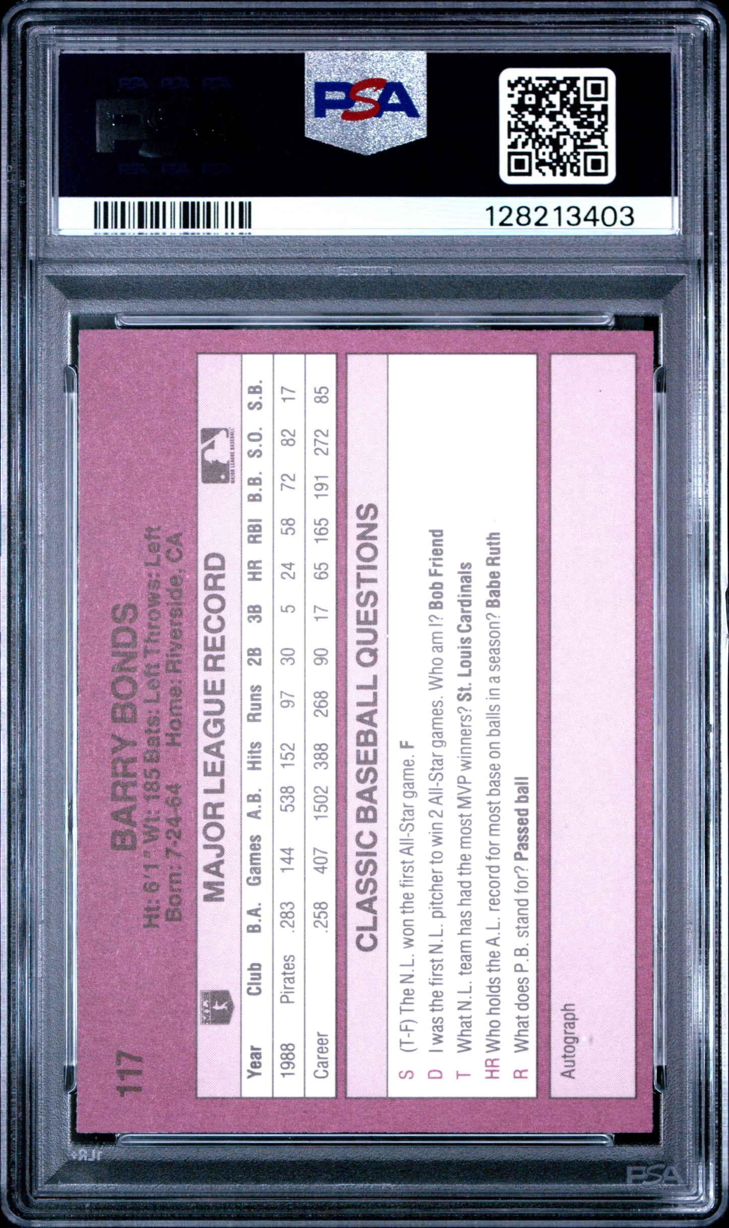 1989 CLASSIC TRAVEL UPDATE I 117 BARRY BONDS - NEAR MINT-MINT 8