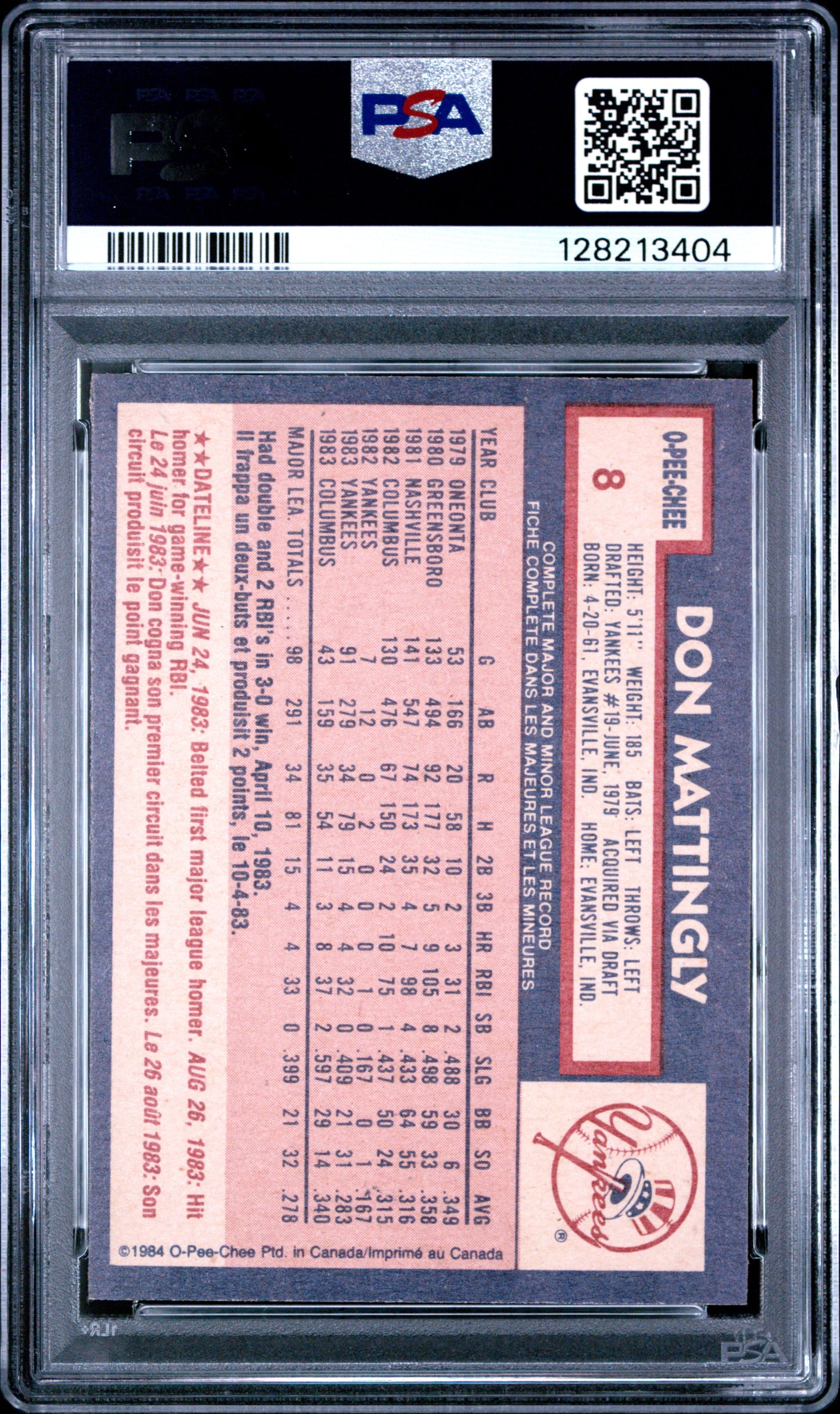 1984 O-PEE-CHEE 8 DON MATTINGLY - NEAR MINT-MINT 8