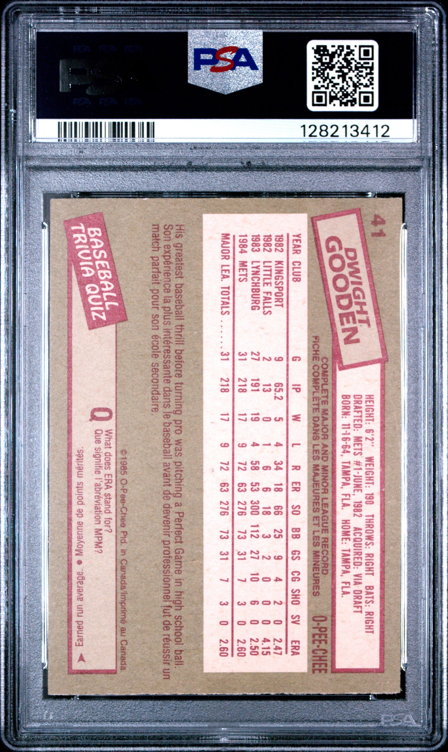 1985 O-PEE-CHEE 41 DWIGHT GOODEN - NEAR MINT 7