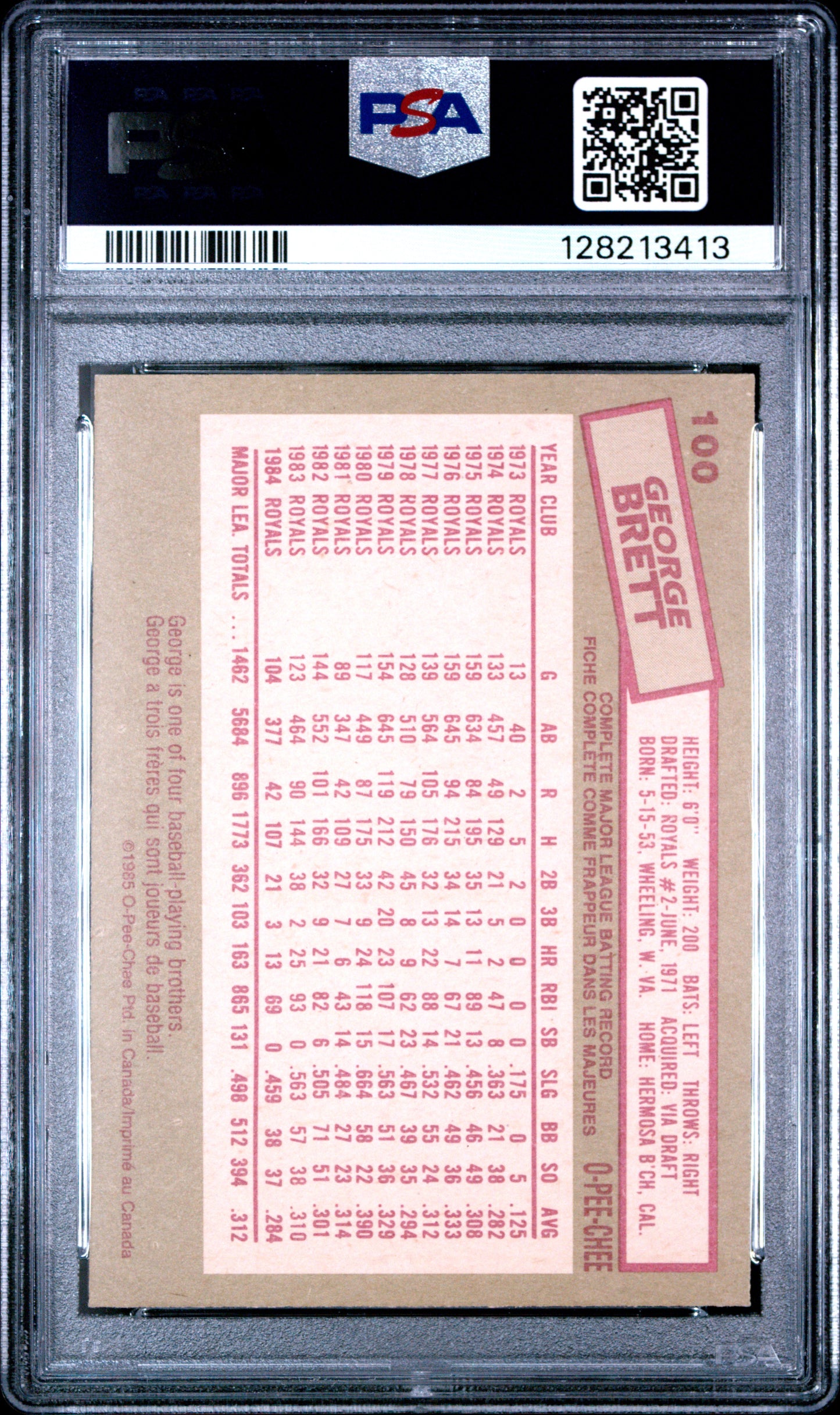 1985 O-PEE-CHEE 100 GEORGE BRETT - MINT 9
