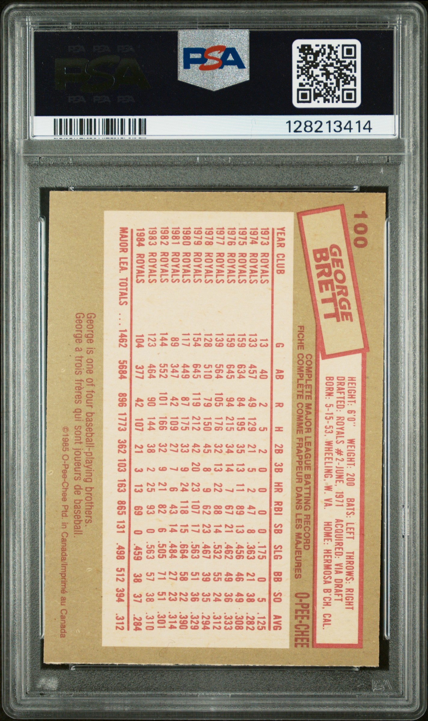 1985 O-PEE-CHEE 100 GEORGE BRETT - MINT 9